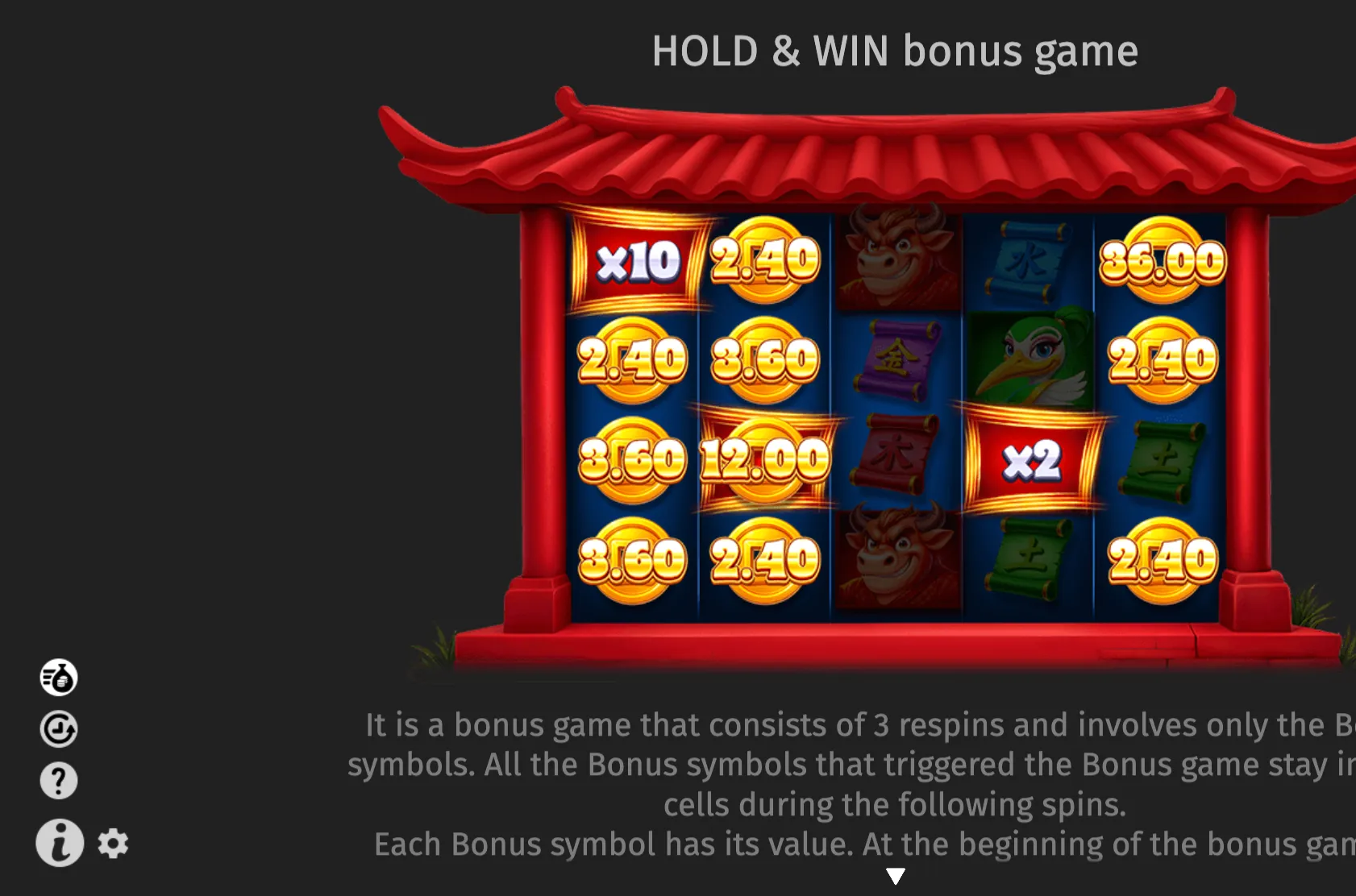 Wild Tiger 2 Hold & Win bonus game featuring a Chinese temple-style reel grid, glowing coin values, x2 and x10 multipliers, scrolls, and stylized dragon symbols.