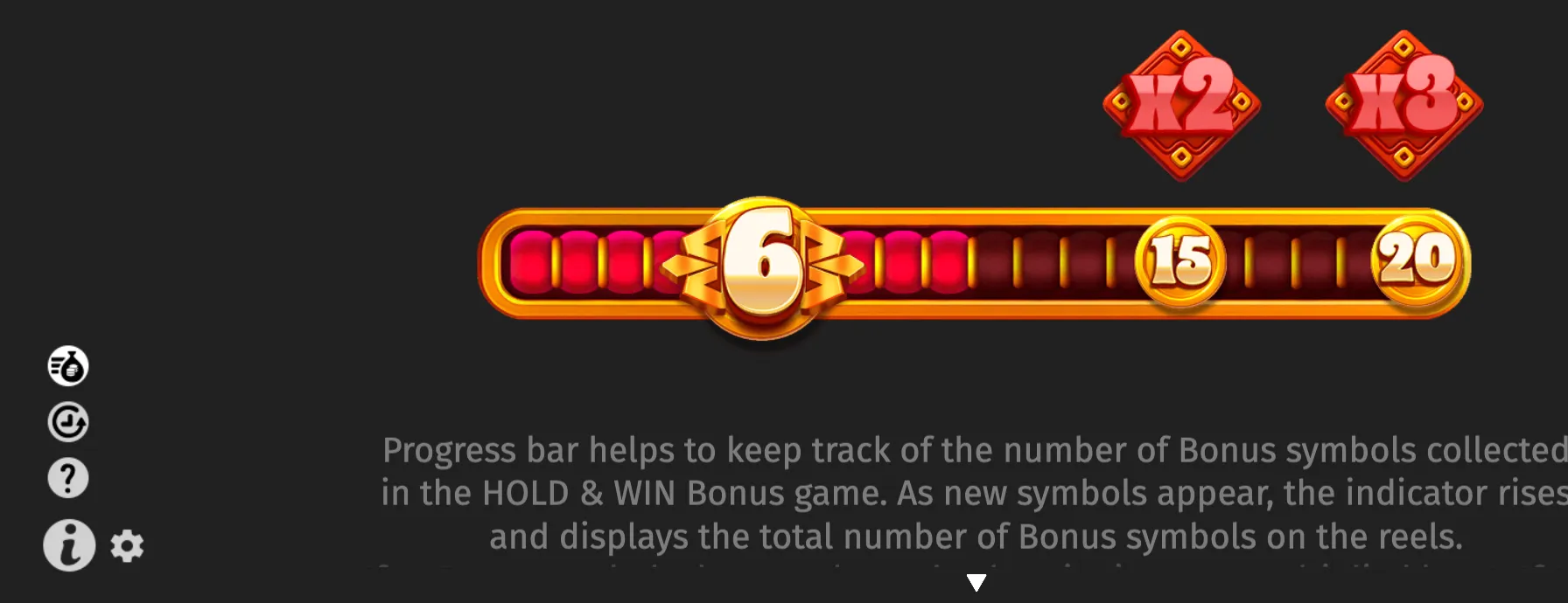 Wild Tiger 2 game interface featuring a gold-and-red progress bar marked 6, 15, and 20, with x2 and x3 multiplier badges above it.