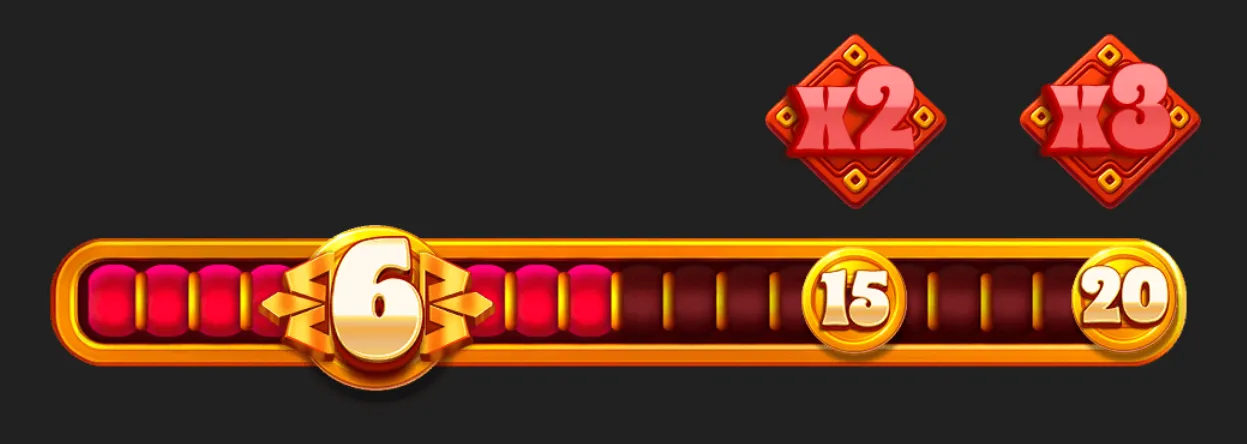 A fiery red-and-gold Wild Tiger 2 progression meter displays milestone values 6, 15, and 20, with x2 and x3 multiplier badges above.