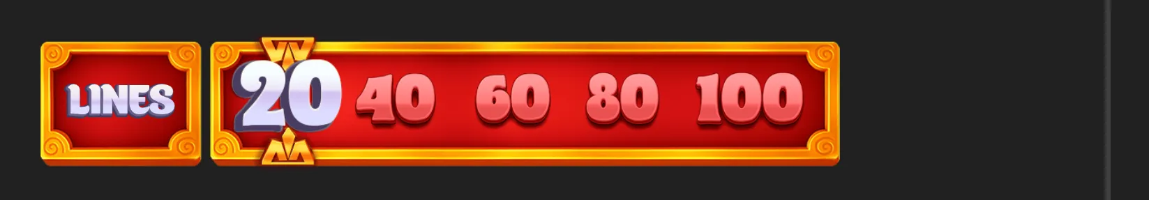 A red-and-gold slot interface panel labeled LINES, with selectable values 20, 40, 60, 80, and 100; 20 is highlighted.