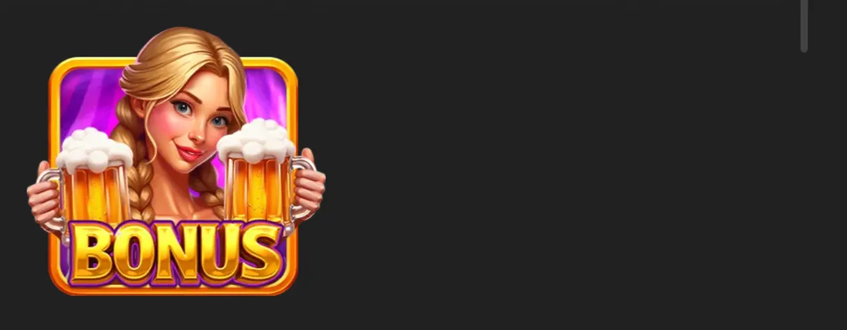 Cheerful blonde woman holding two frothy beer mugs beside a bold golden BONUS emblem on a purple backdrop.