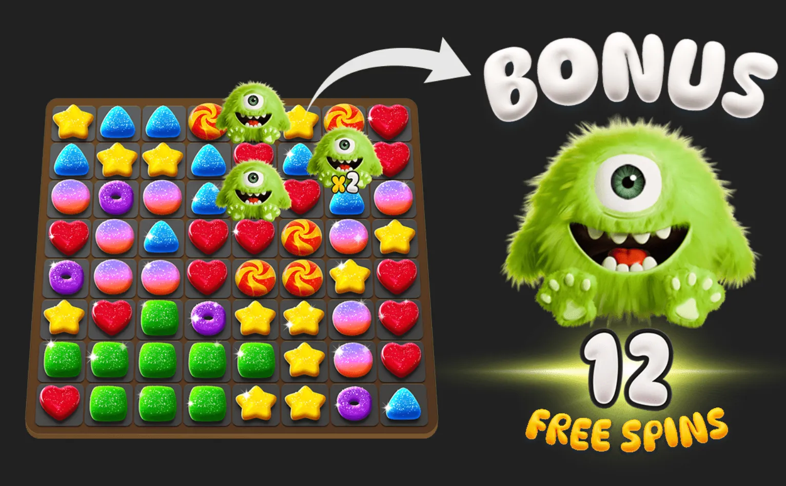 Yommi Rush slot preview featuring colorful candy symbols, green one-eyed monsters, a bonus arrow, and text announcing 12 free spins.