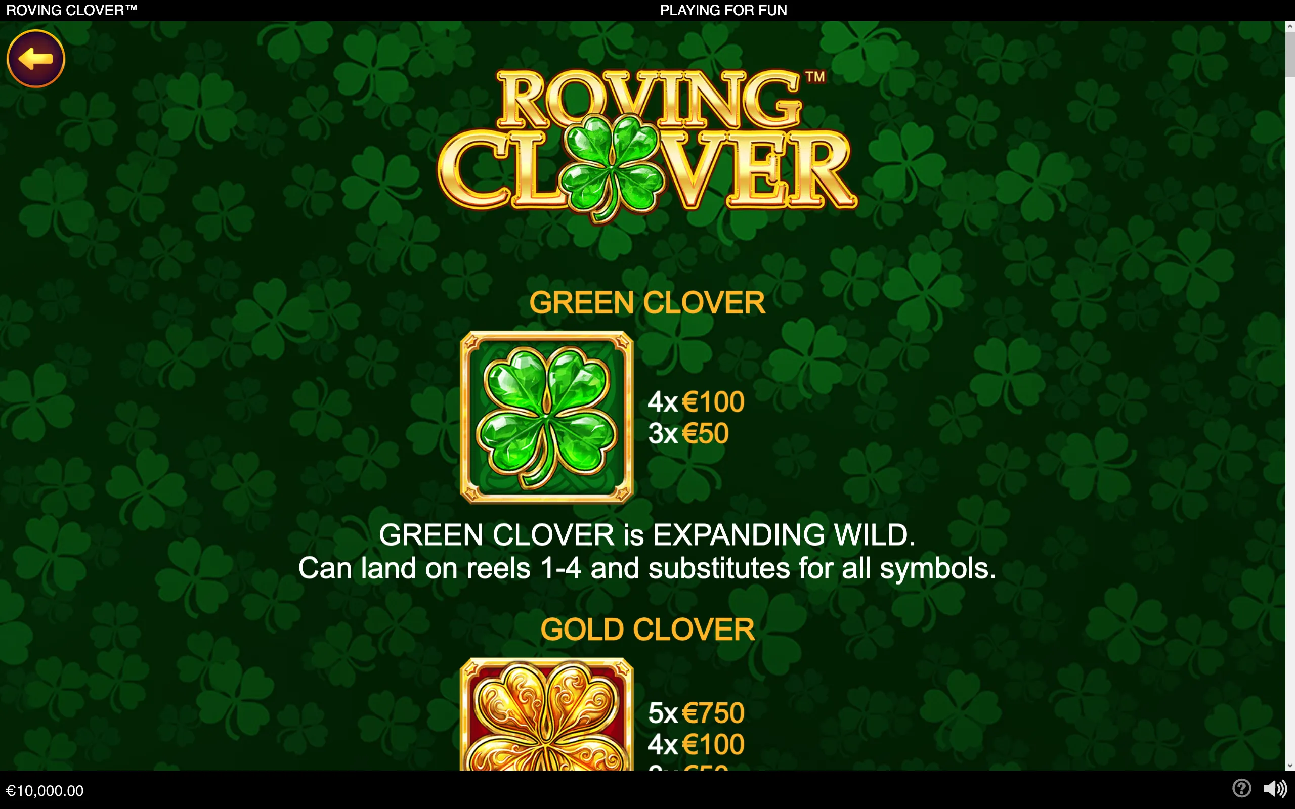 Roving Clover slot feature guide with a large green clover wild, gold clover payout symbol, and a dark green four-leaf clover backdrop.