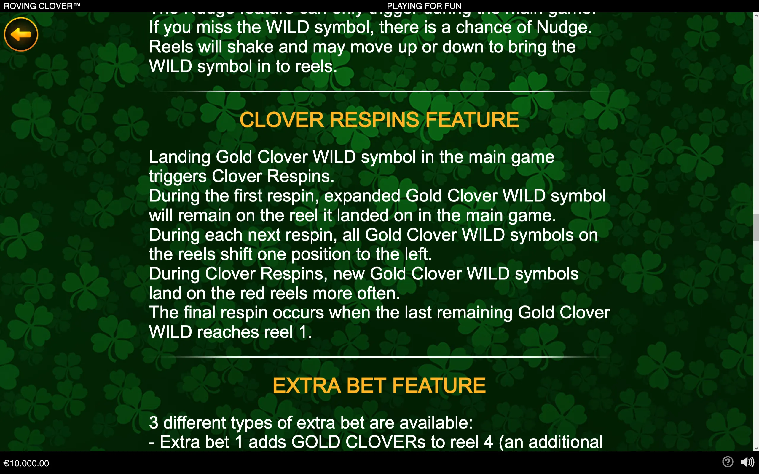 Roving Clover rules page with white feature text over a dark green background patterned with four-leaf clovers, highlighting the Clover Respins and Extra Bet features.