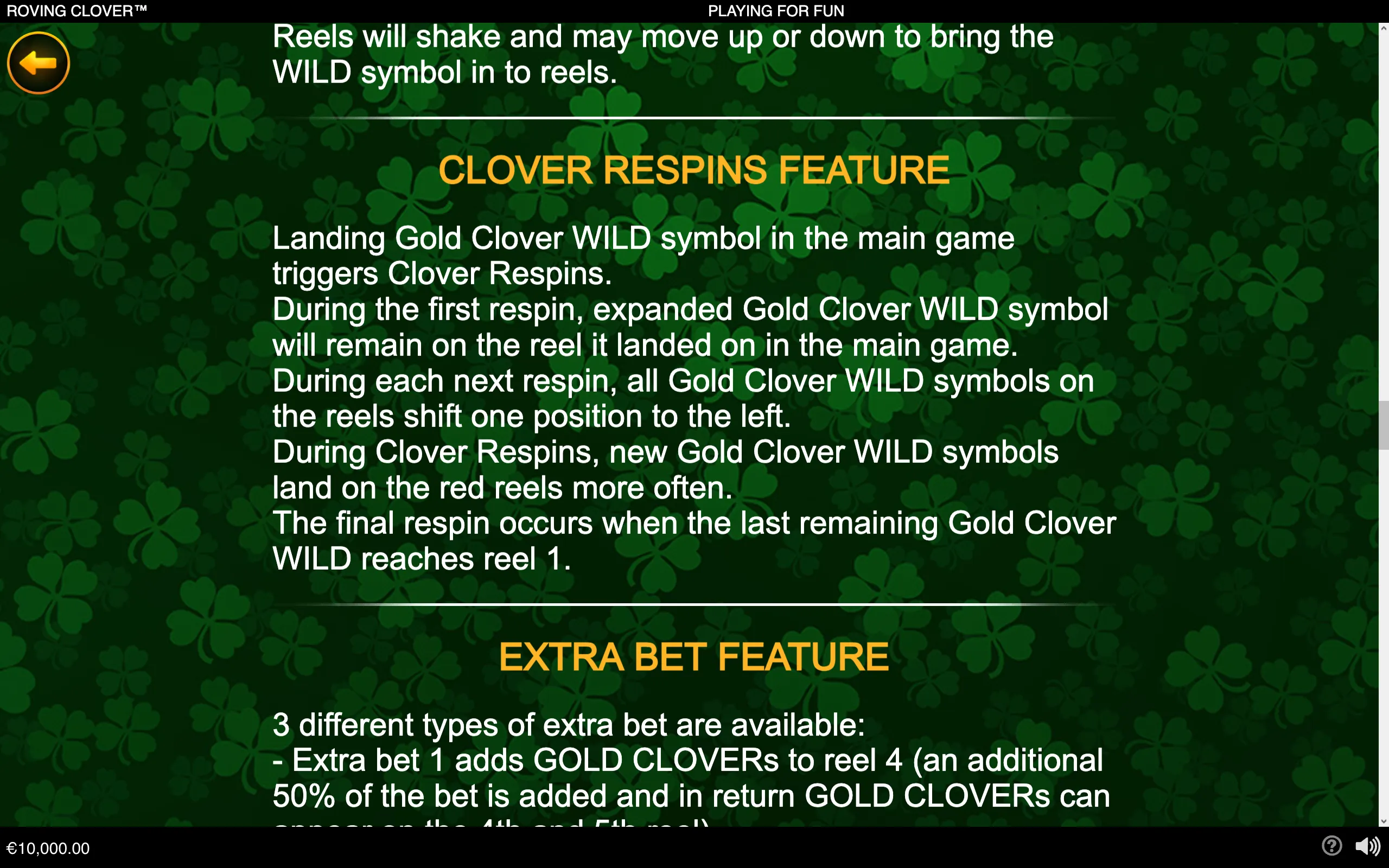 Roving Clover feature guide with large white rules text and orange headings for the Clover Respins and Extra Bet features over a dark green clover-patterned backdrop.