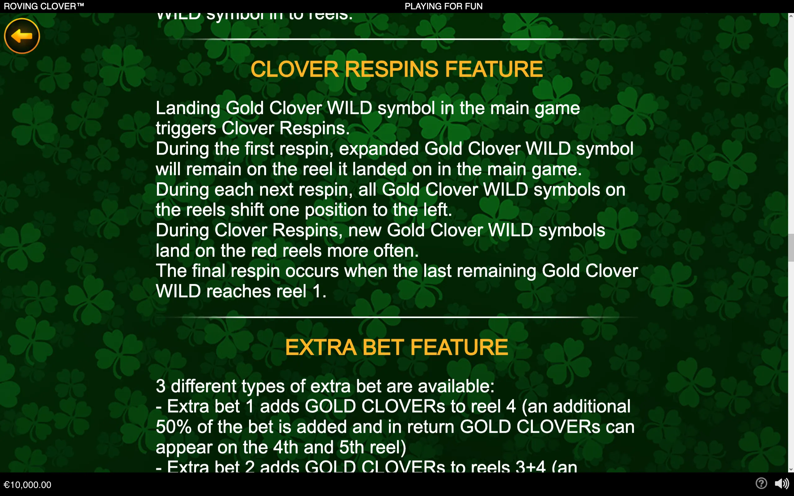 Roving Clover feature guide with white rules text over a dark green field of shamrocks, highlighting the Clover Respins feature and Gold Clover WILD symbols.