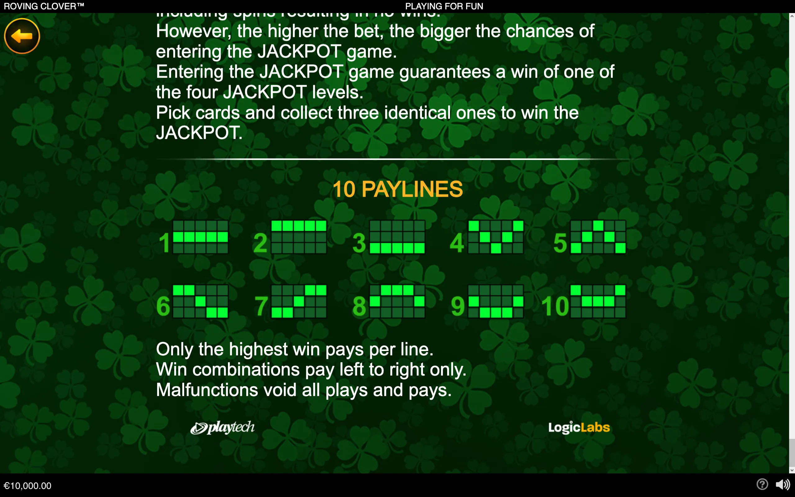 Roving Clover rules page with a dark green four-leaf clover background, jackpot instructions, and ten numbered neon-green payline diagrams.