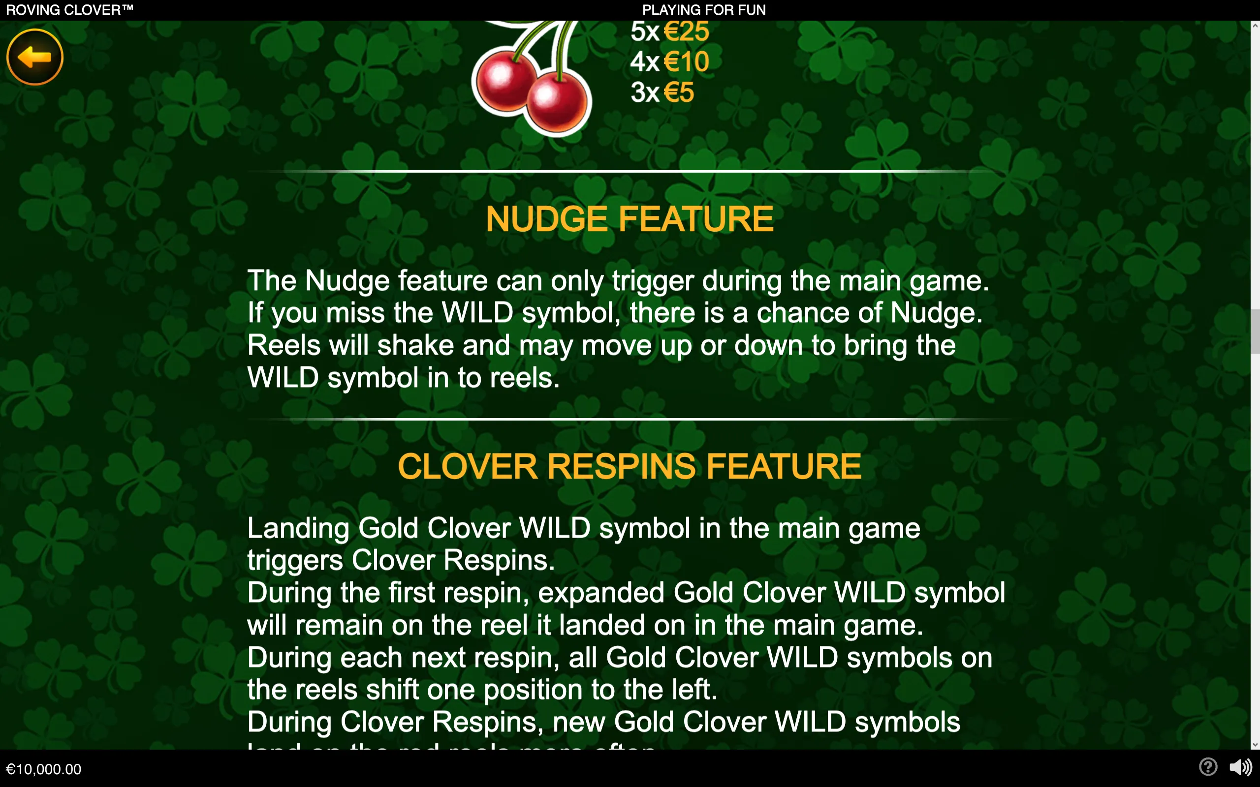 Roving Clover feature guide with a dark green four-leaf clover backdrop, cherry symbols, payout values, and text explaining the Nudge and Clover Respins mechanics.