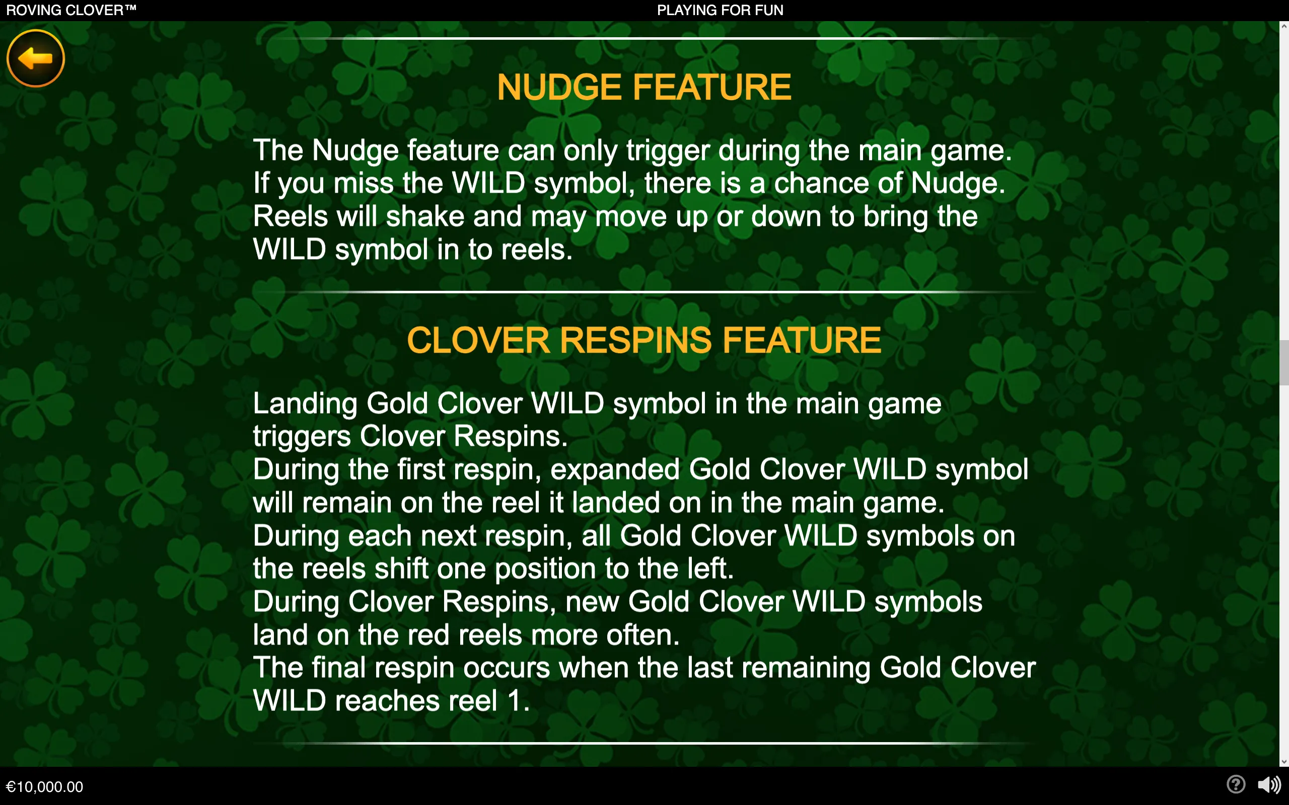 Roving Clover rules panel with white text explaining the Nudge feature and Clover Respins over a dark green four-leaf clover background.