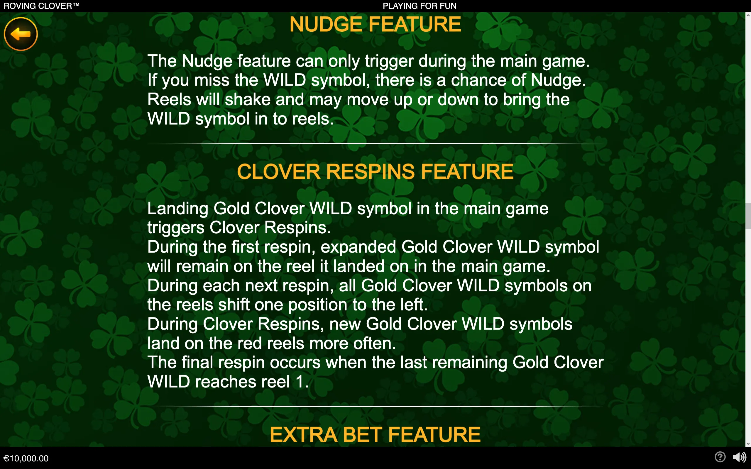 Roving Clover feature guide with gold headings and white rules text over a dark green four-leaf clover pattern, detailing the Nudge and Clover Respins features.