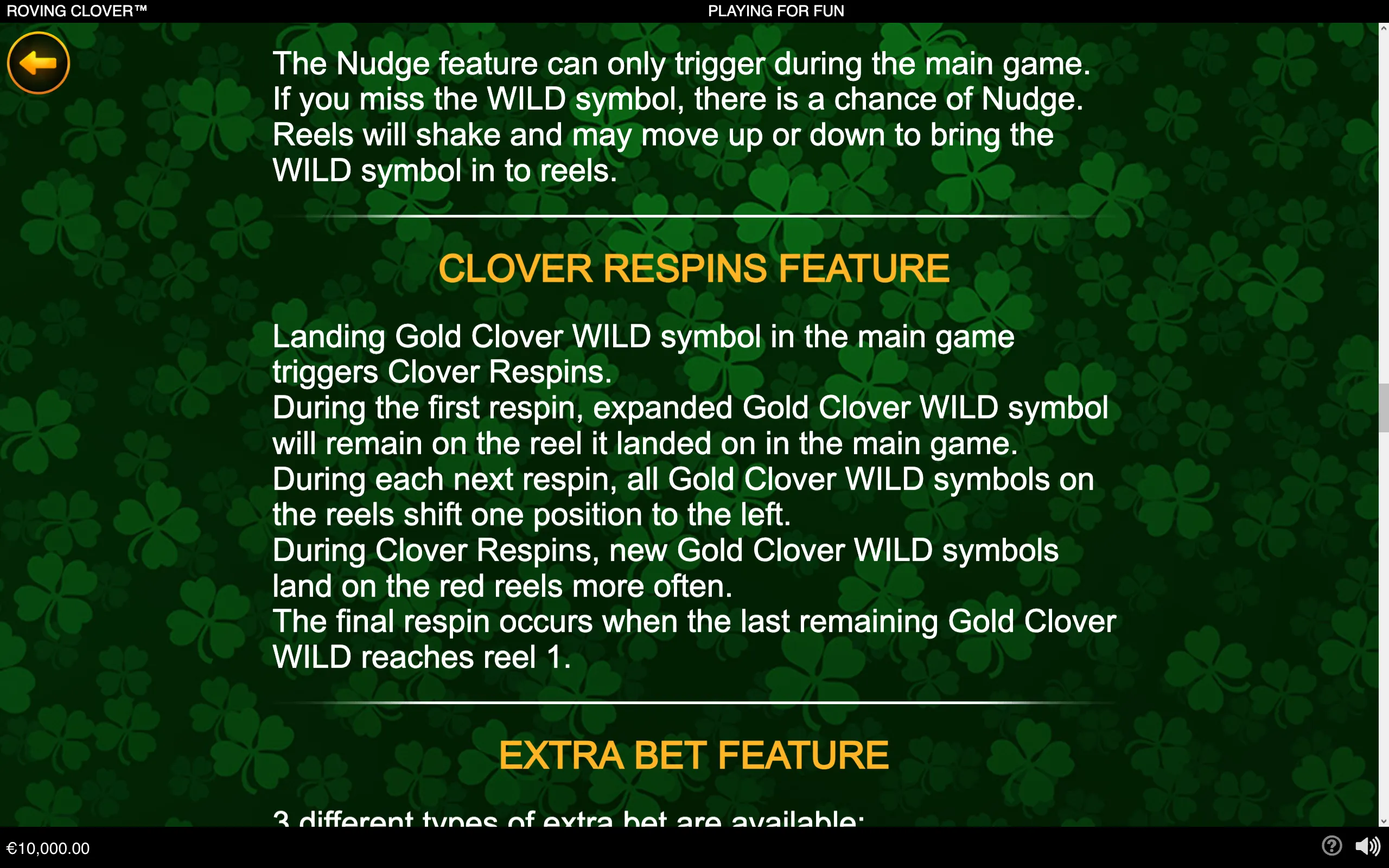 Roving Clover feature guide with white instructions and orange headings over a dark green four-leaf clover background, detailing Nudge and Clover Respins.