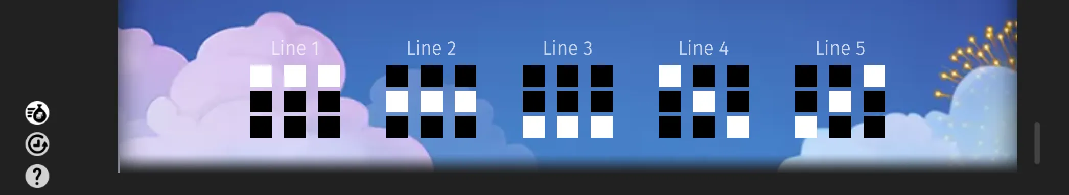 Always Up! slot interface with five labeled 3x3 payline diagrams against a blue sky with soft clouds and a radiant circular motif.