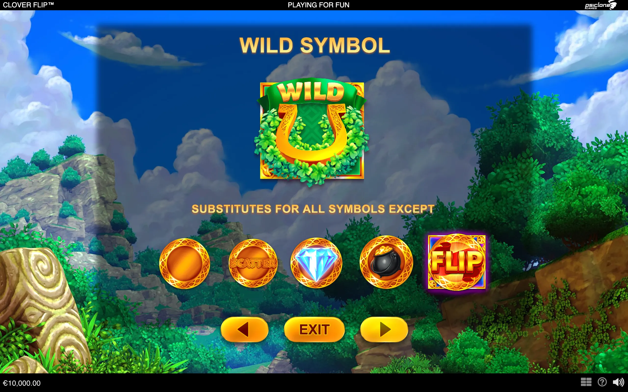 Clover Flip wild symbol guide featuring a golden horseshoe surrounded by four-leaf clovers, set against a lush fantasy forest with rocky hills and blue skies.