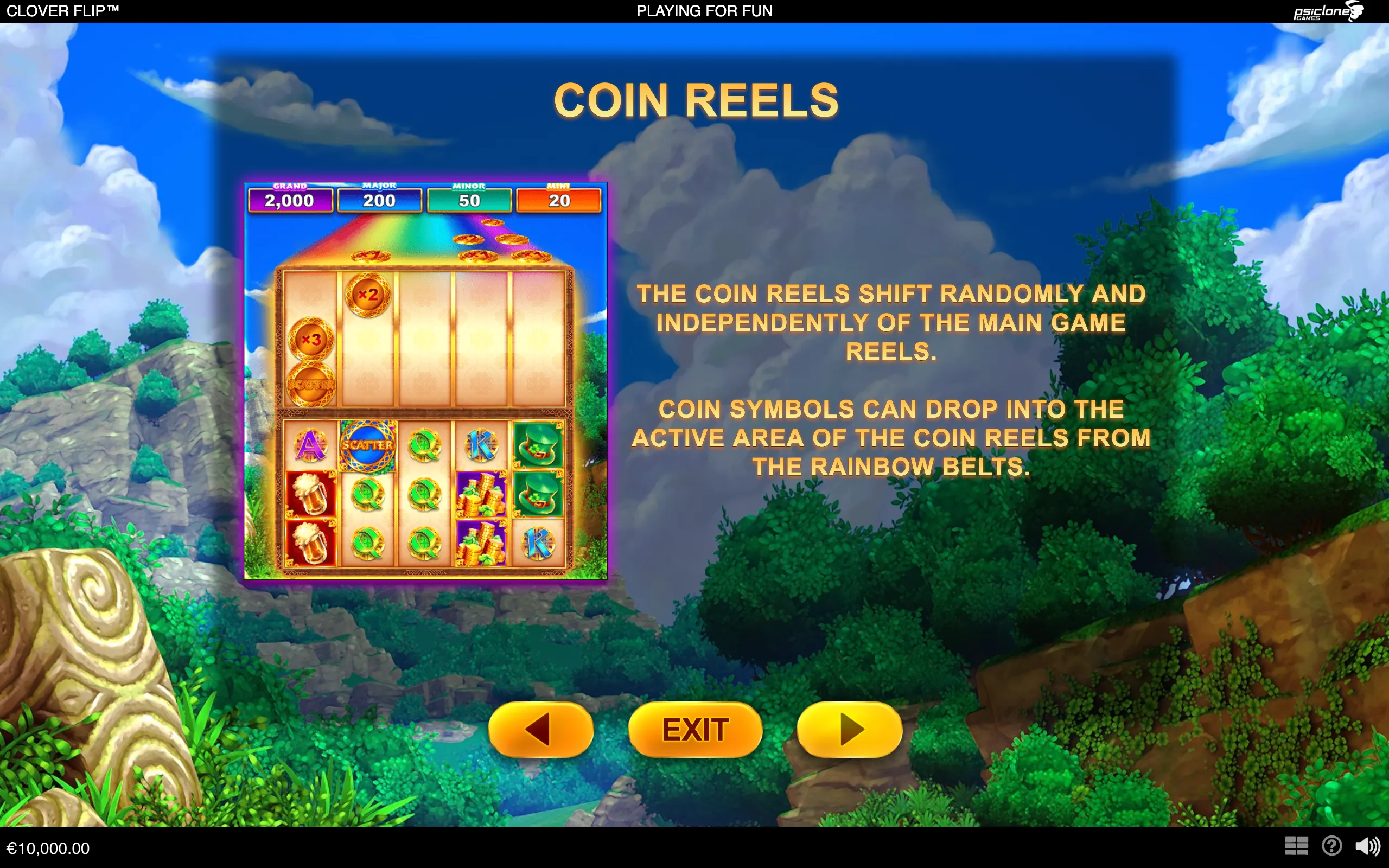 Clover Flip slot preview with coin reels, rainbow belts, multiplier coins, jackpot tiers, and a lush enchanted forest backdrop.
