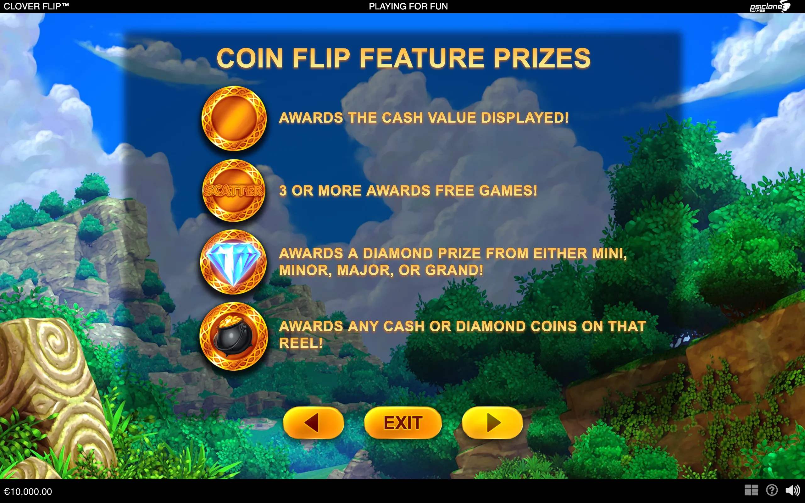 Clover Flip feature guide with golden coin symbols explaining cash awards, scatter-triggered free games, diamond prizes, and coin collections over a lush fantasy forest backdrop.