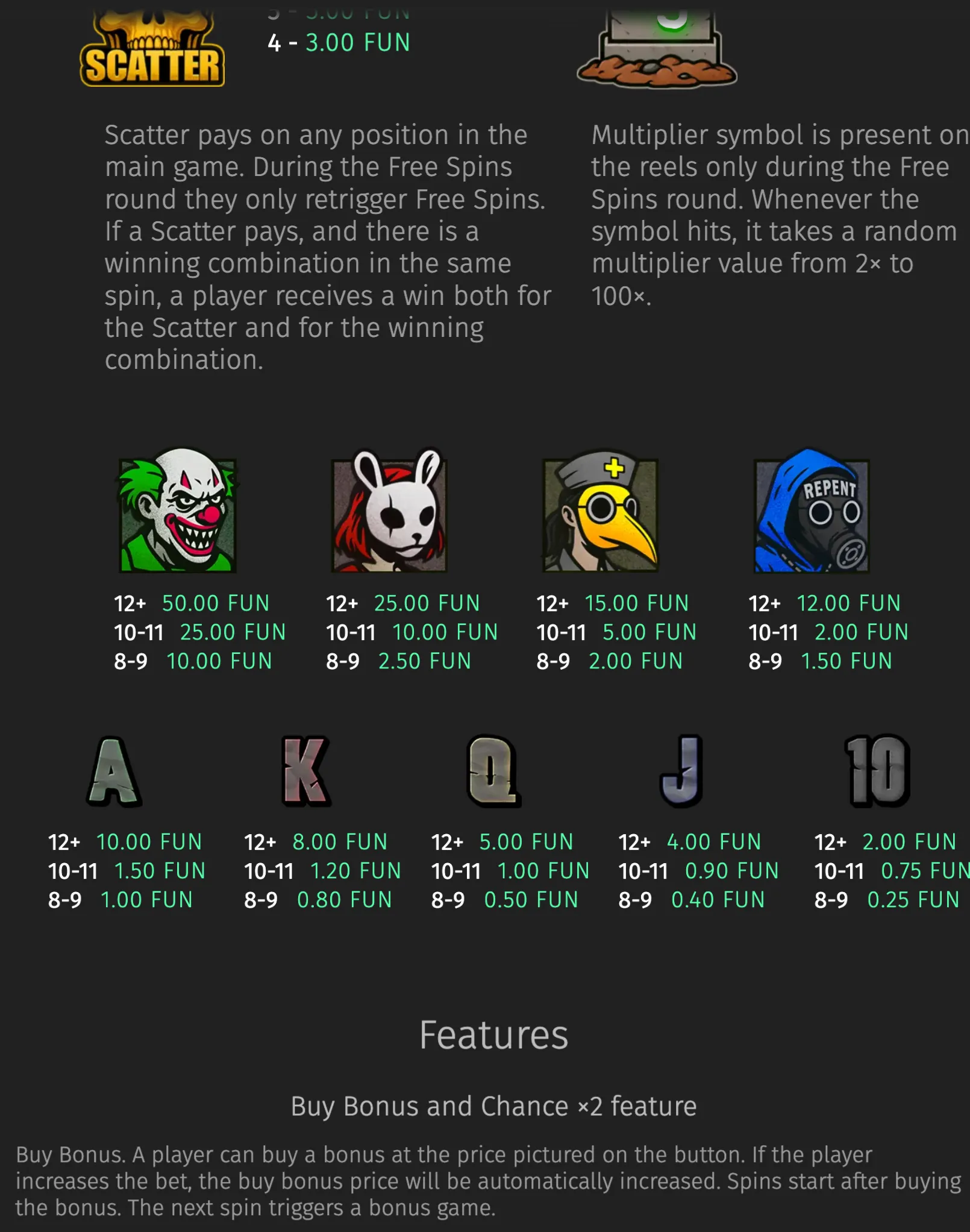 Face Off slot paytable featuring a skull scatter symbol, multiplier icon, sinister character symbols, playing-card values, and bonus feature text on a dark background.