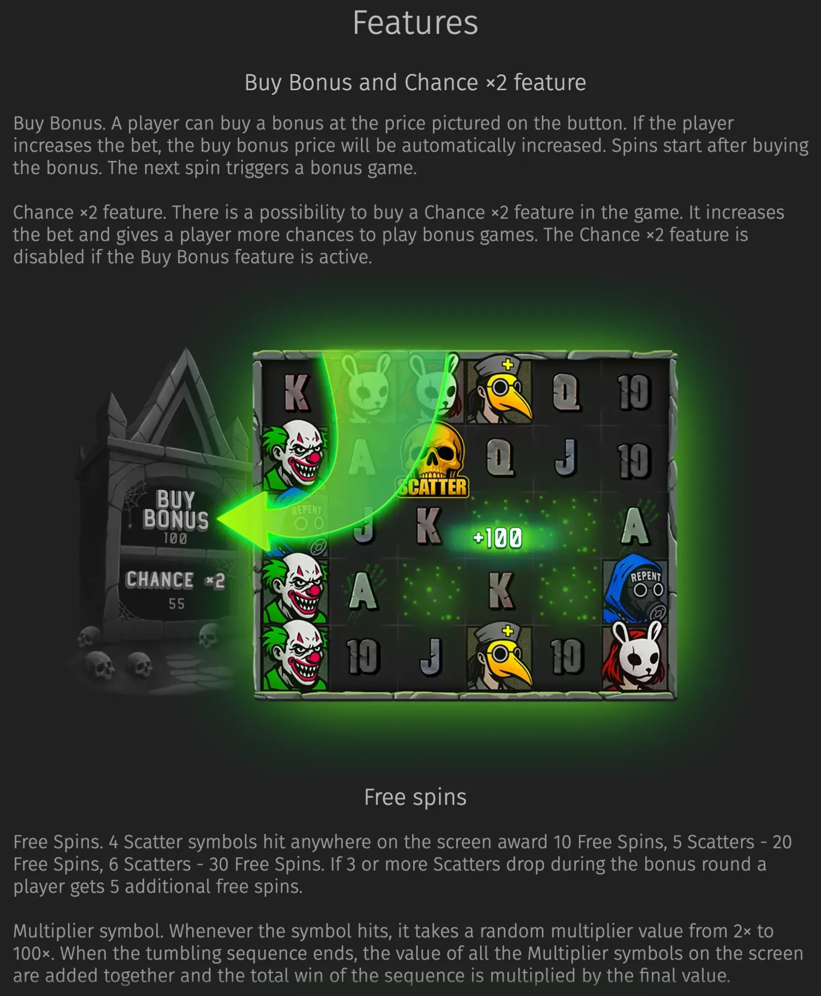 Face Off slot features a gothic graveyard backdrop, cartoon horror symbols, a Buy Bonus and Chance ×2 panel, and a glowing reel display with scatter and multiplier symbols.