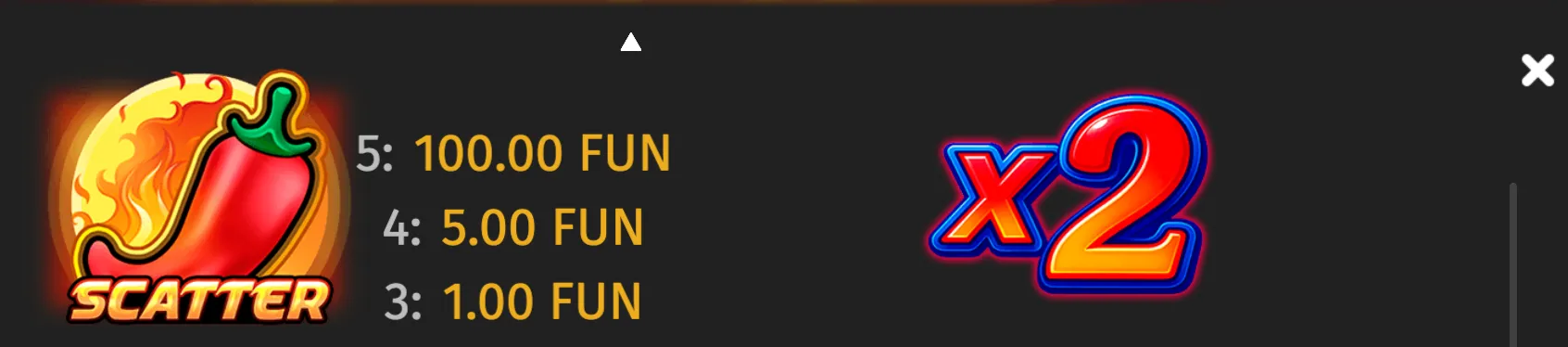 Burning red chilli scatter symbol with flames beside a bright x2 multiplier and payout values in FUN.