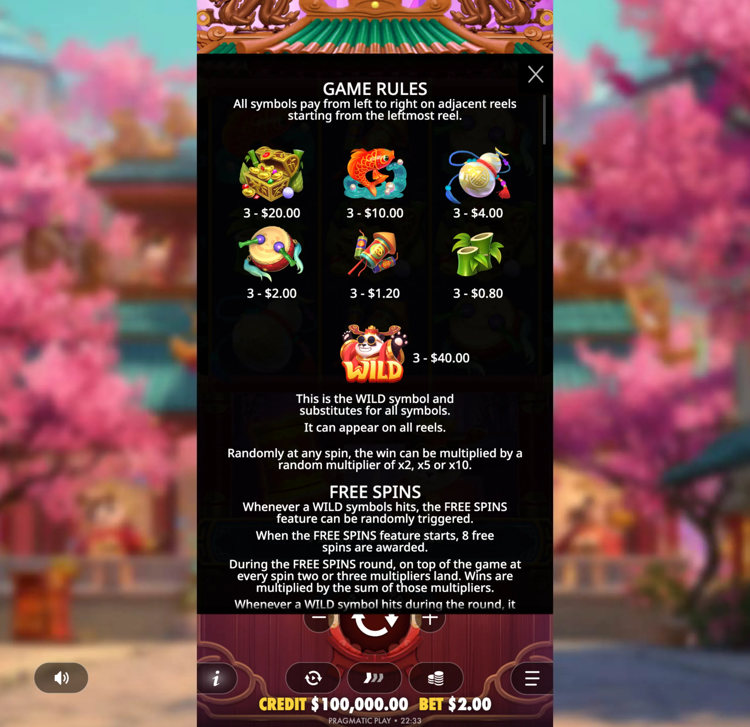 Lucky Panda slot game paytable and rules screen showing symbol payouts, wild symbol details, and free spins feature information with an Asian-themed backdrop.