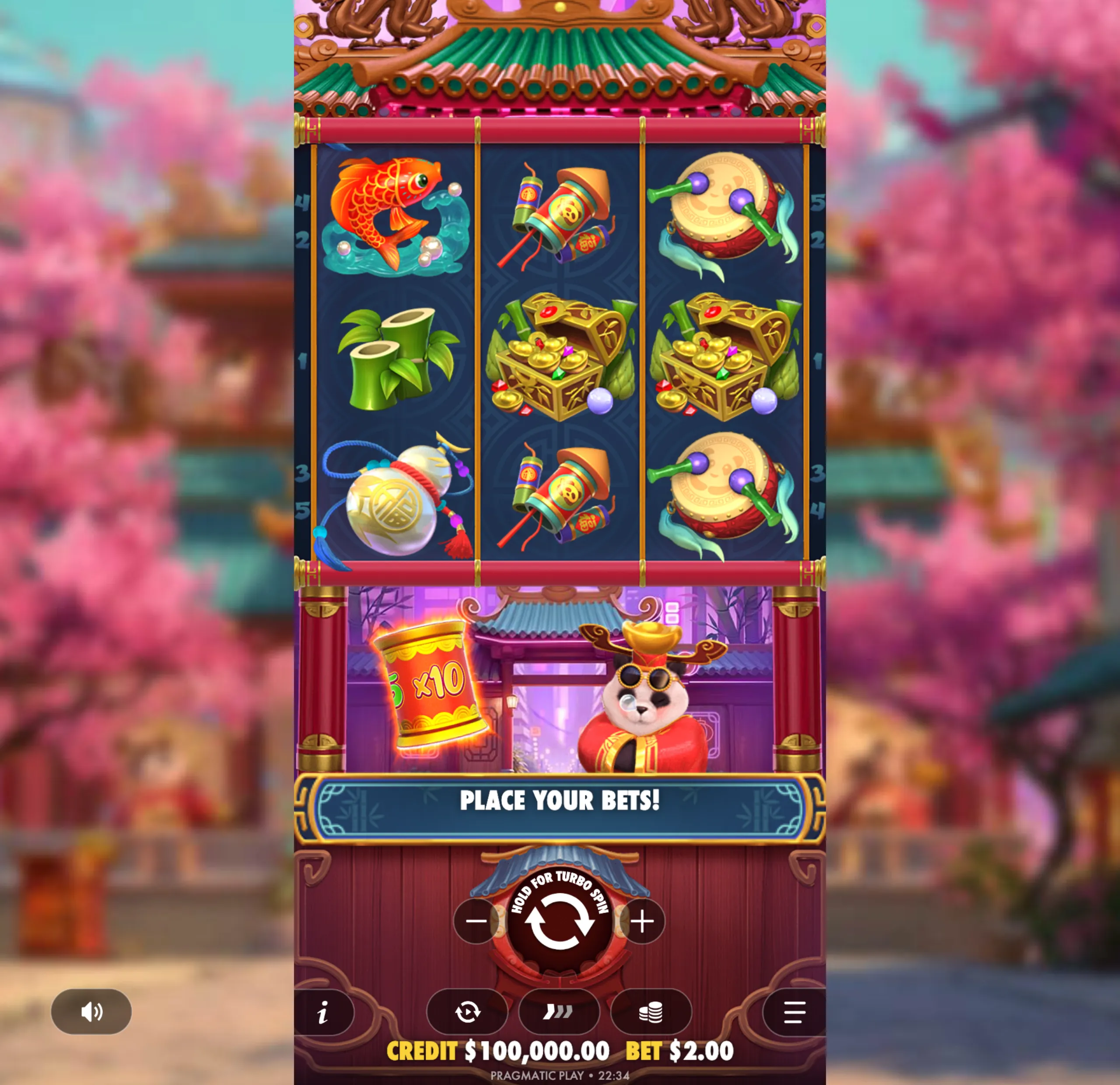 Lucky Panda slot game with colorful Asian-themed symbols including a koi fish, bamboo, treasure chests, drums, and a panda dressed in traditional attire, set against a backdrop of cherry blossoms and a pagoda.