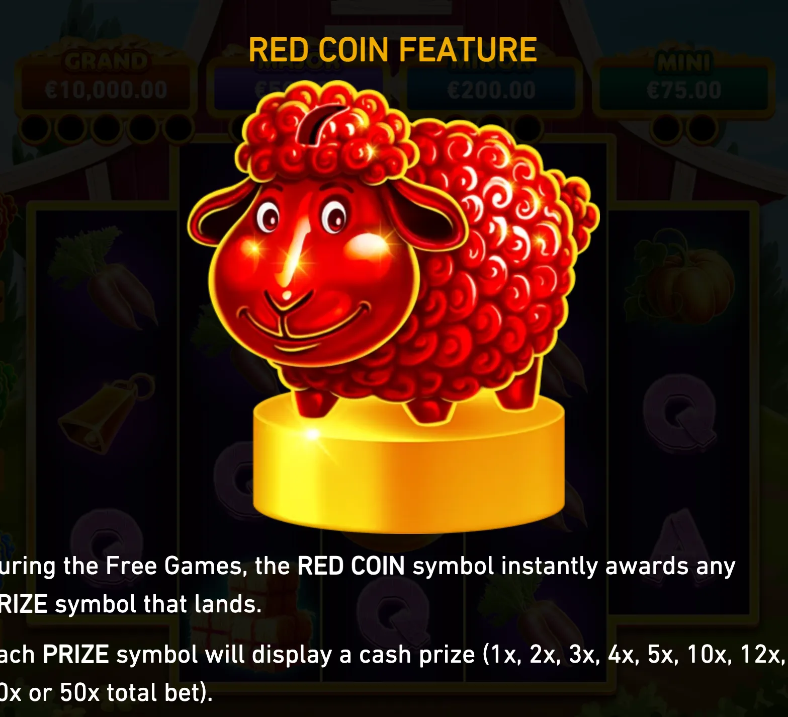 A cheerful glossy red sheep with golden accents stands on a glowing gold pedestal, with a RED COIN FEATURE title and jackpot values behind it.