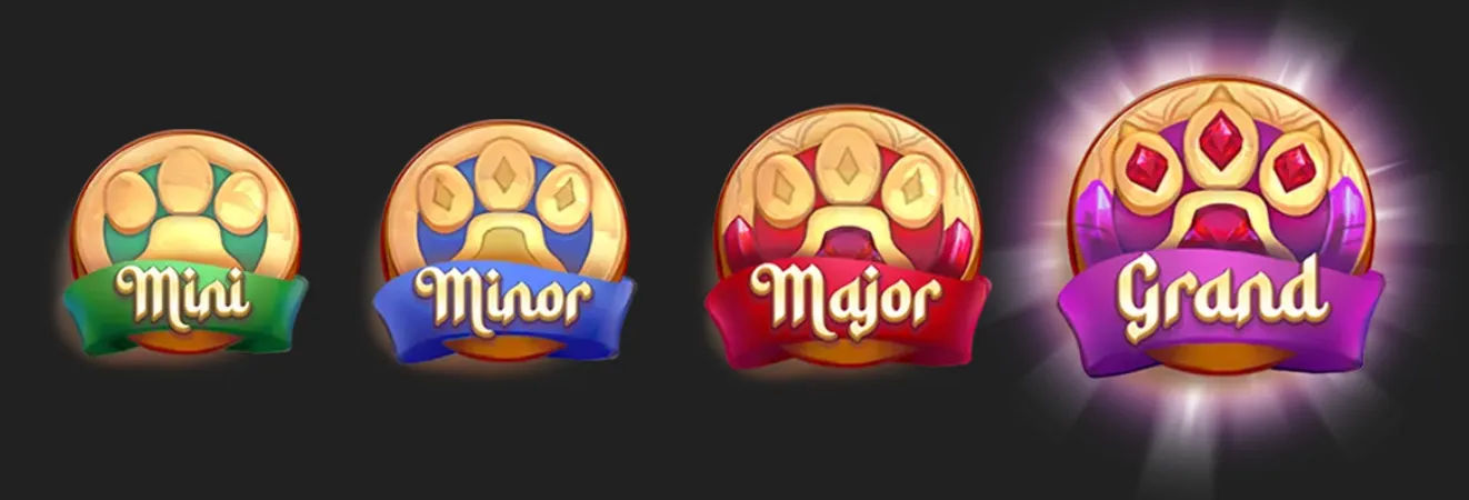 Golden Paw Hold & Win jackpot emblems featuring paw prints labeled Mini, Minor, Major and Grand, with the Grand badge glowing against a dark backdrop.