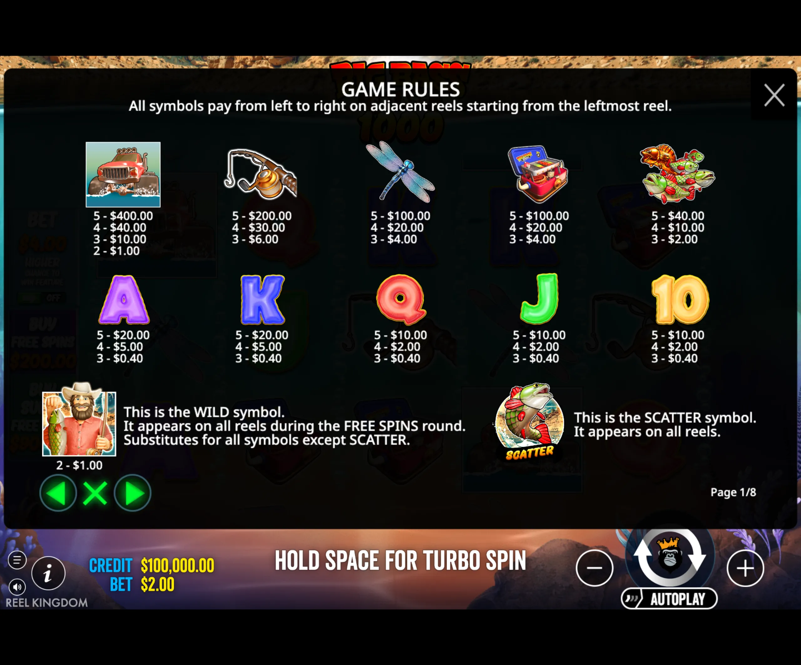Big Bass Splash 1000 slot game paytable showing fishing-themed symbols and their payout values, including wild and scatter symbols.