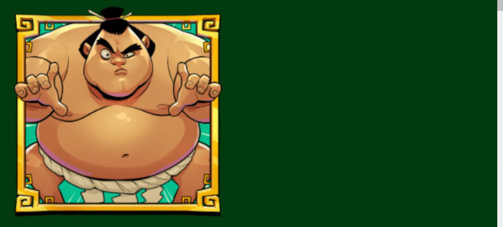A cartoon sumo wrestler glares forward with outstretched hands, wearing a traditional mawashi within an ornate gold and turquoise frame.
