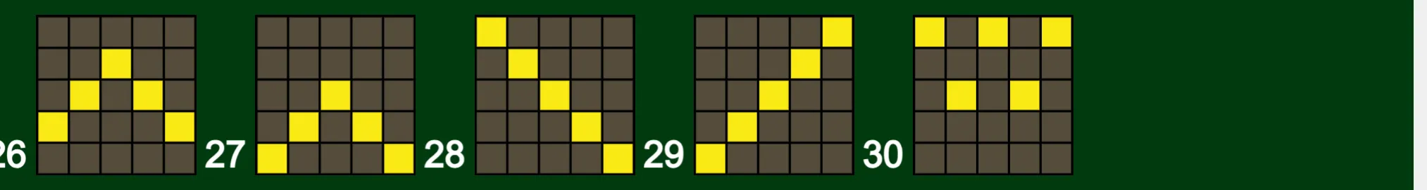 Big Sumo slot preview featuring numbered 5x5 reel grids from 26 to 30, with yellow squares marking different line patterns against a dark green backdrop.