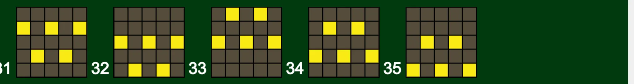 Five numbered 5x5 tile grids for Big Sumo, labeled 31 through 35, with yellow squares forming different geometric patterns on a dark green background.
