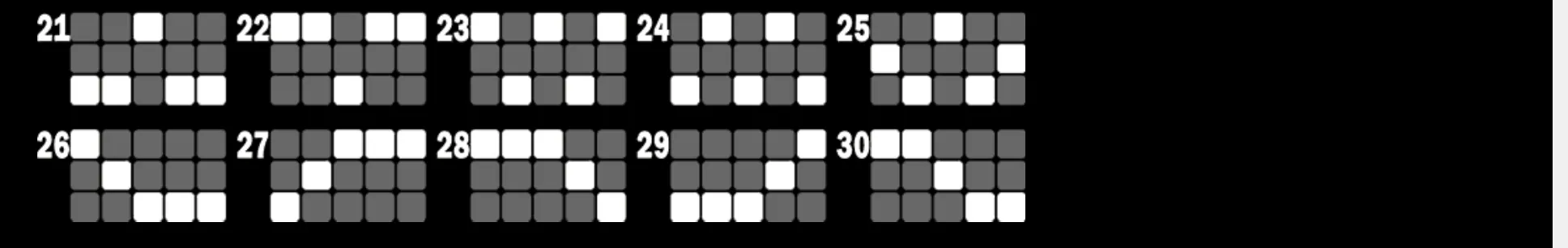 A black-background payline chart labeled 21 through 30, with white and gray squares mapping symbol positions across five reels and three rows.