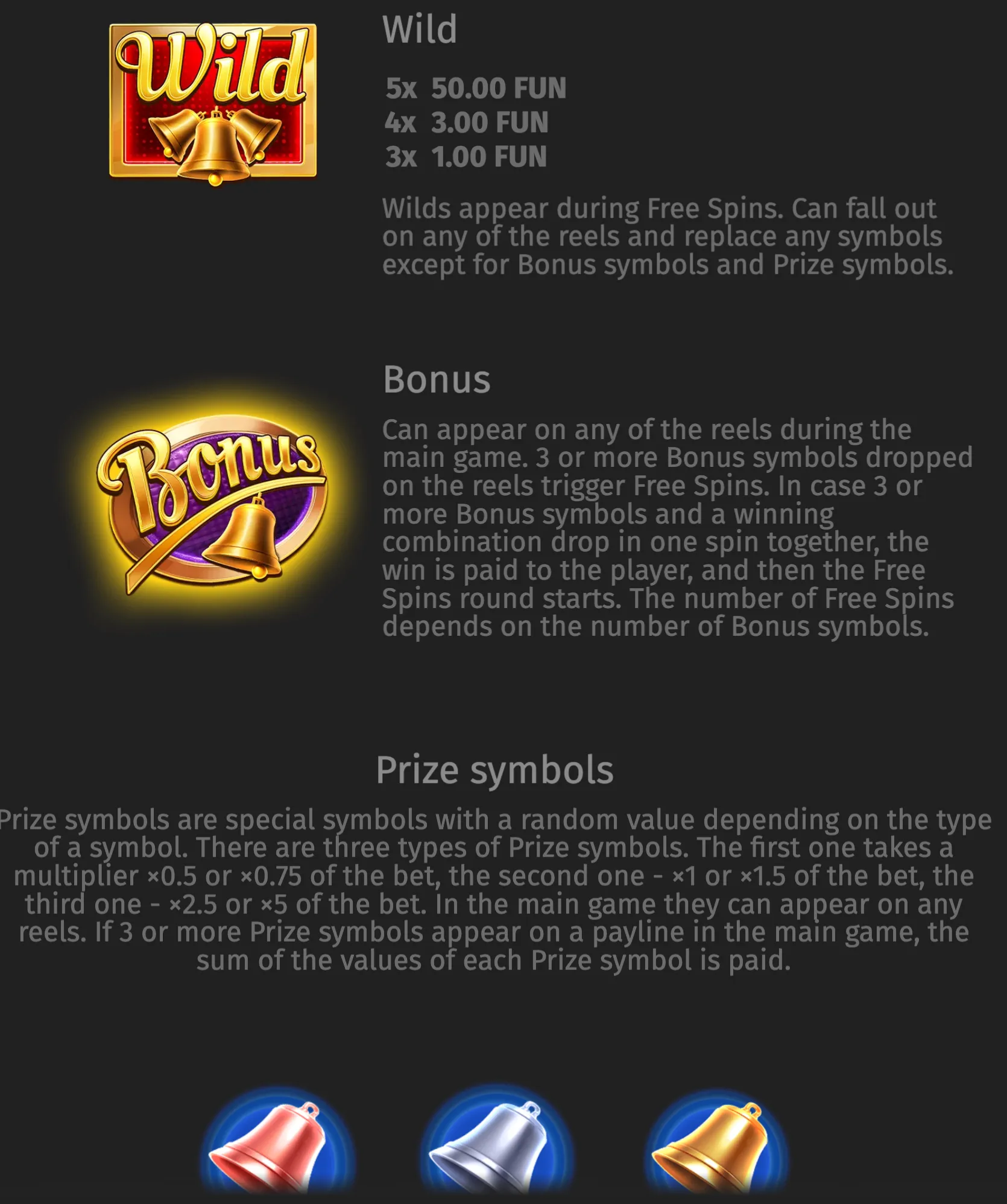 Wild Million slot rules panel featuring gold bell-themed Wild and Bonus symbols, prize-bell icons, Free Spins information, and prize multiplier values.