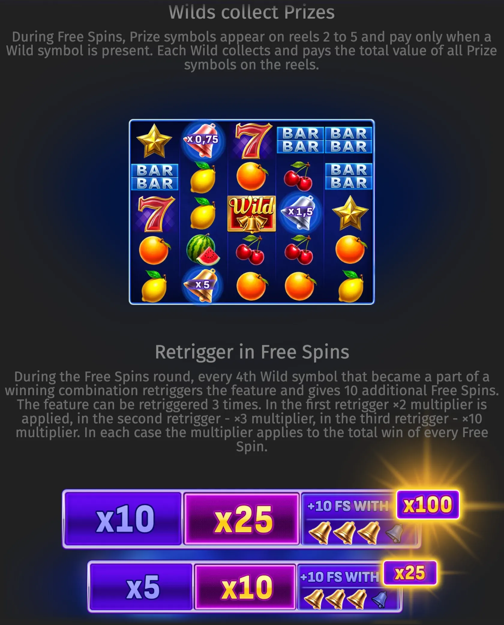 Wild Million slot reels display classic fruit-machine symbols, BARs, sevens, bells, stars and multiplier icons against a dark blue casino backdrop, with feature text explaining prize collection and Free Spins retriggers.