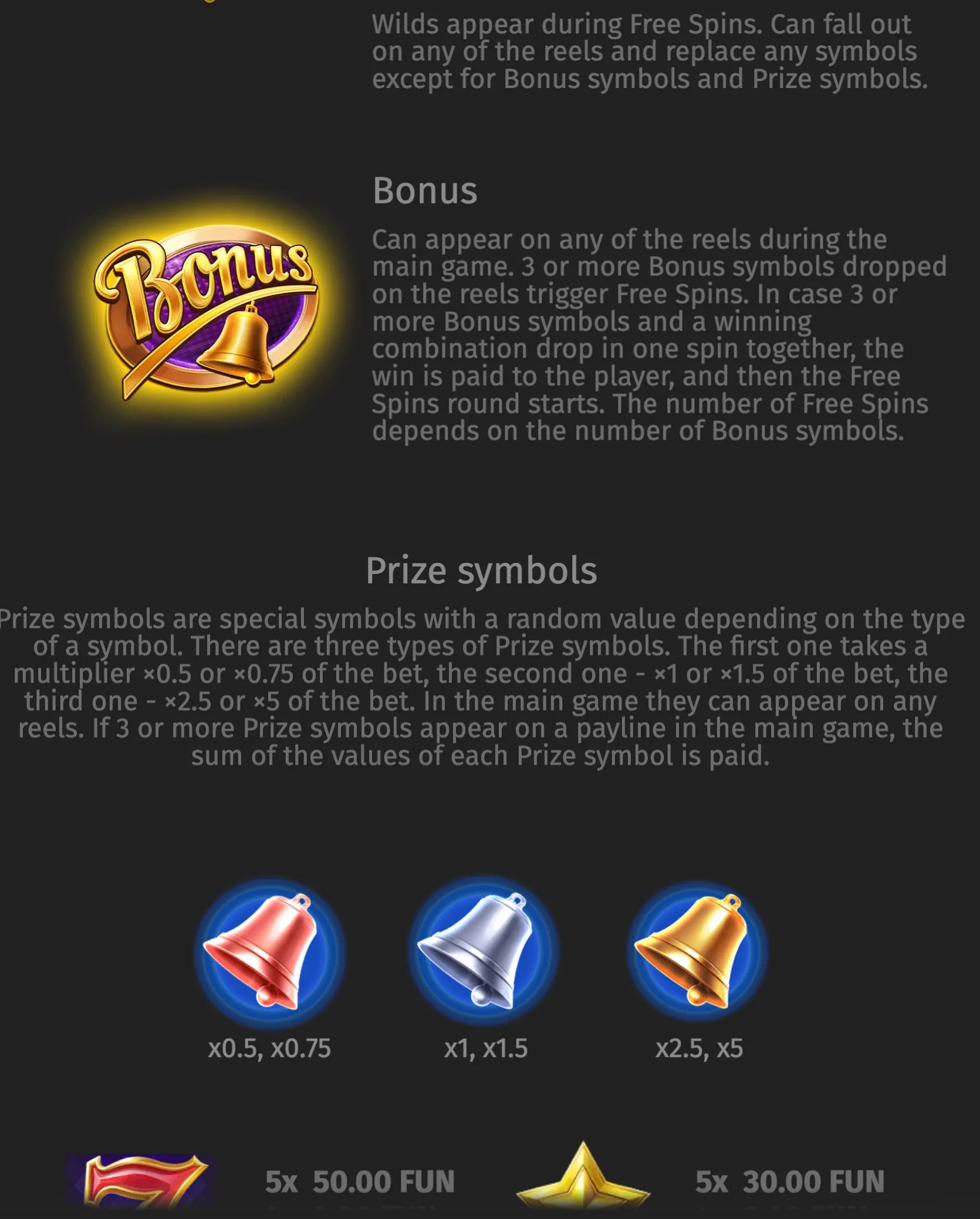 Wild Million rules panel featuring a glowing Bonus bell emblem, red, silver, and gold prize bells, and text describing free spins and bet multipliers.