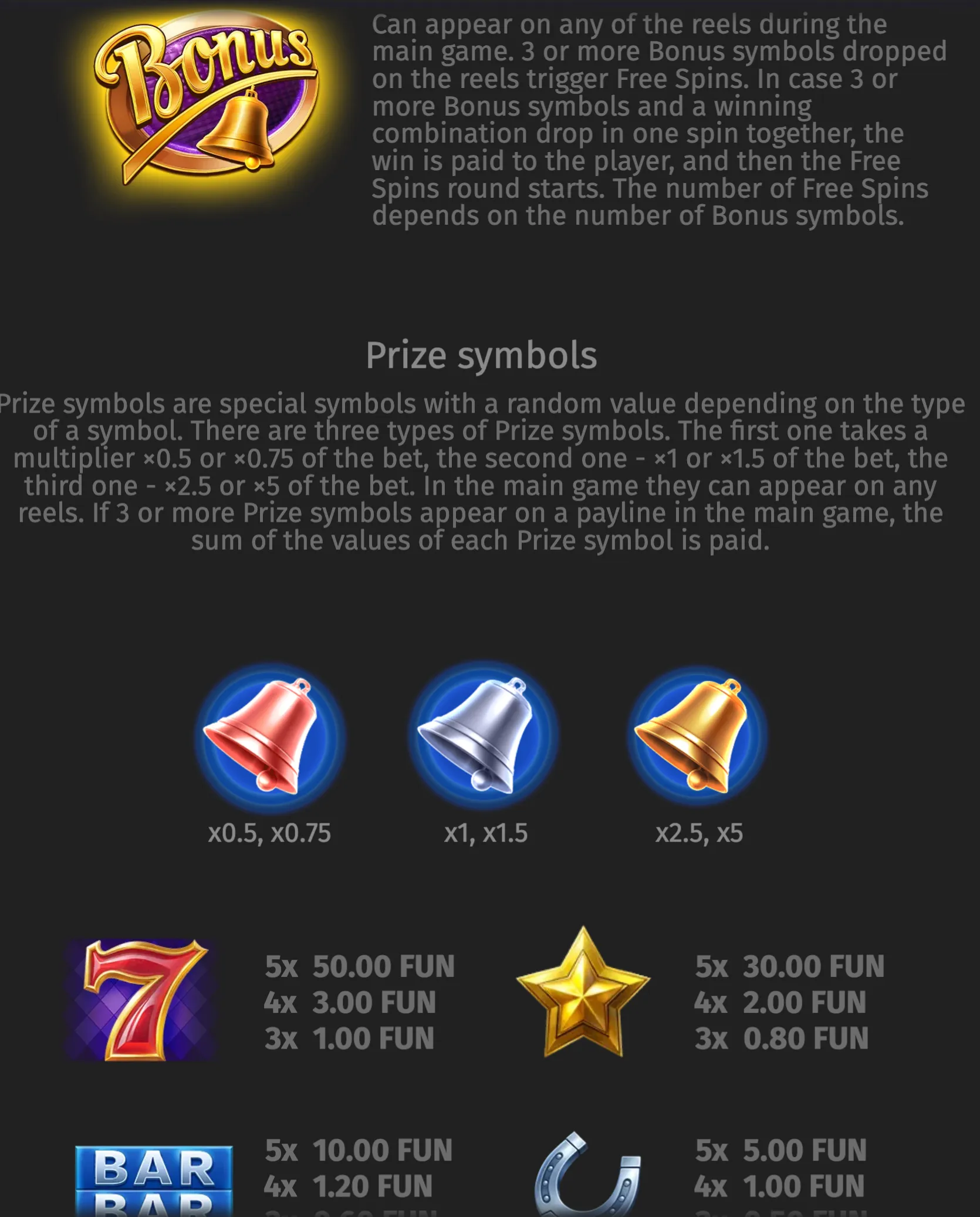Wild Million bonus guide featuring a golden bell Bonus emblem, prize bells with bet multipliers, and colorful slot symbols with payout values.