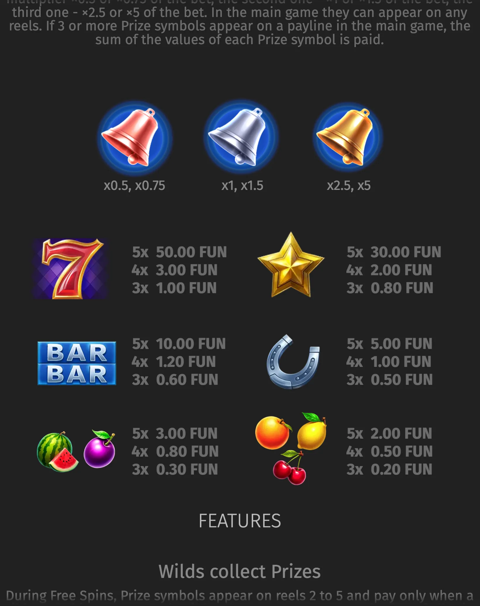 Wild Million slot paytable with red, silver, and gold bells, classic seven, star, BAR, horseshoe, and fruit symbols, plus text explaining free-spin prize collection.