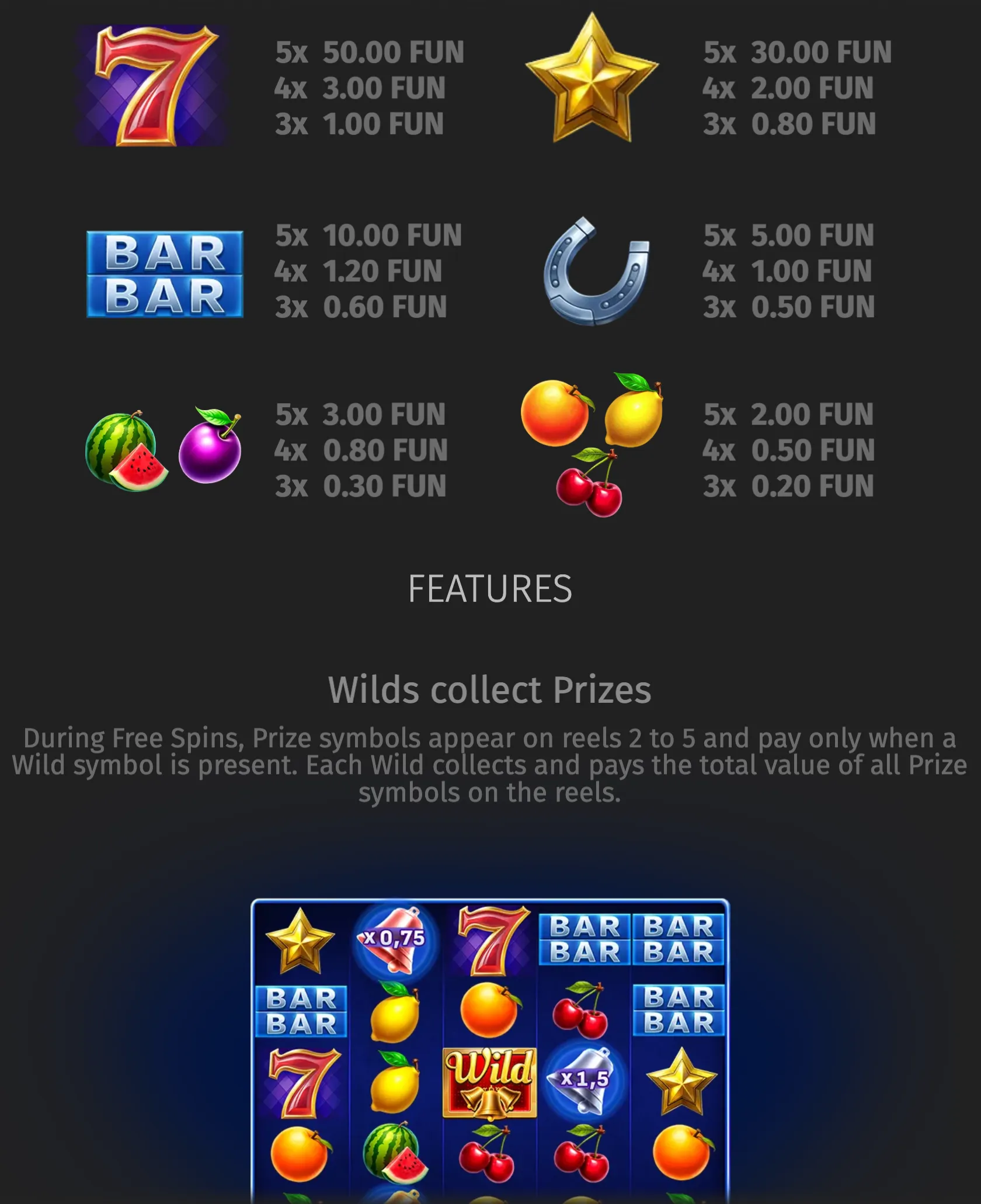 Wild Million slot feature guide with red 7s, gold stars, BAR symbols, horseshoes, fruit symbols, prize values, and a reel layout illustrating wilds collecting prizes during free spins.