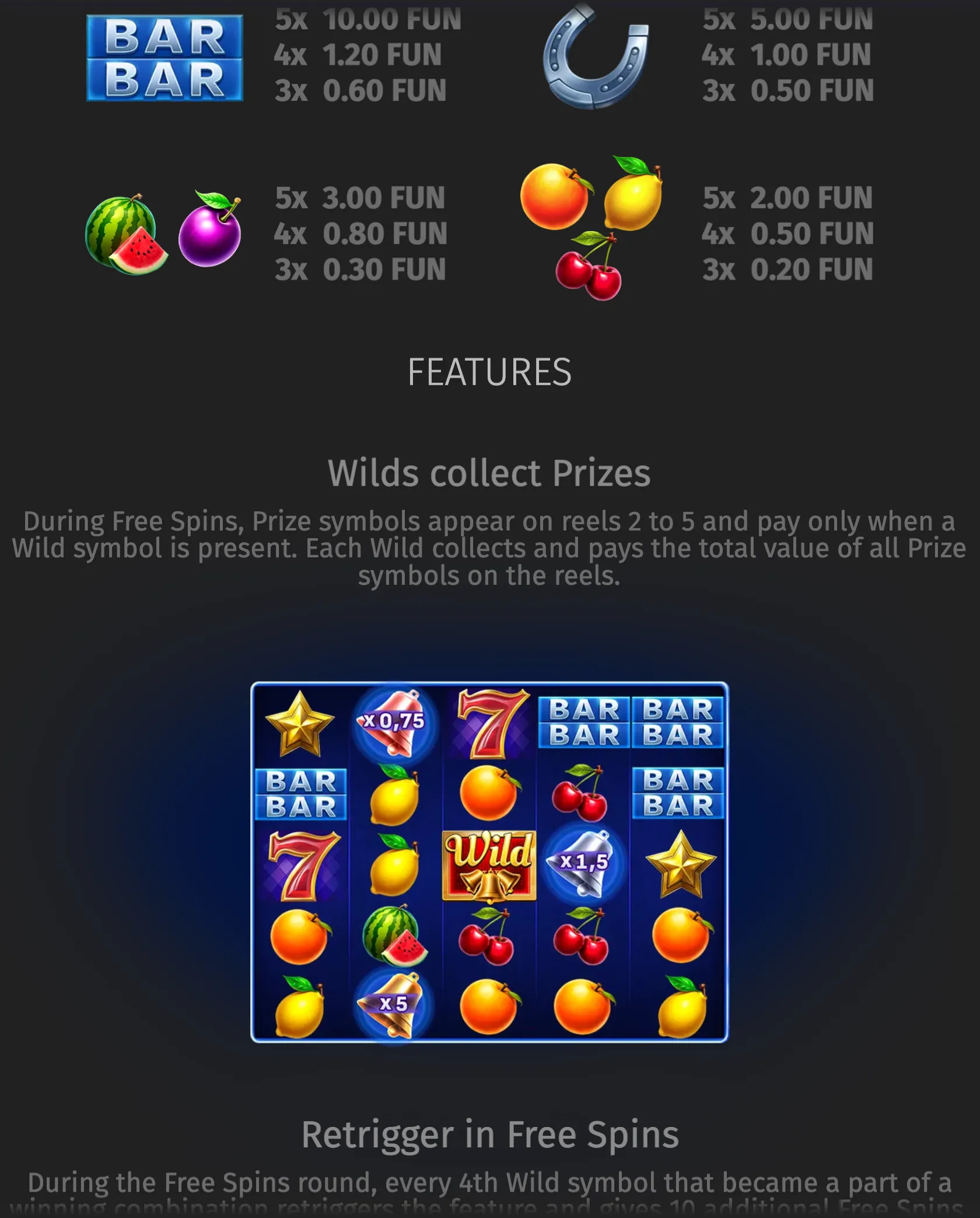 Wild Million slot preview with BAR symbols, horseshoes, sevens, fruit, stars and a central Wild on a blue five-reel layout, alongside Free Spins feature information.