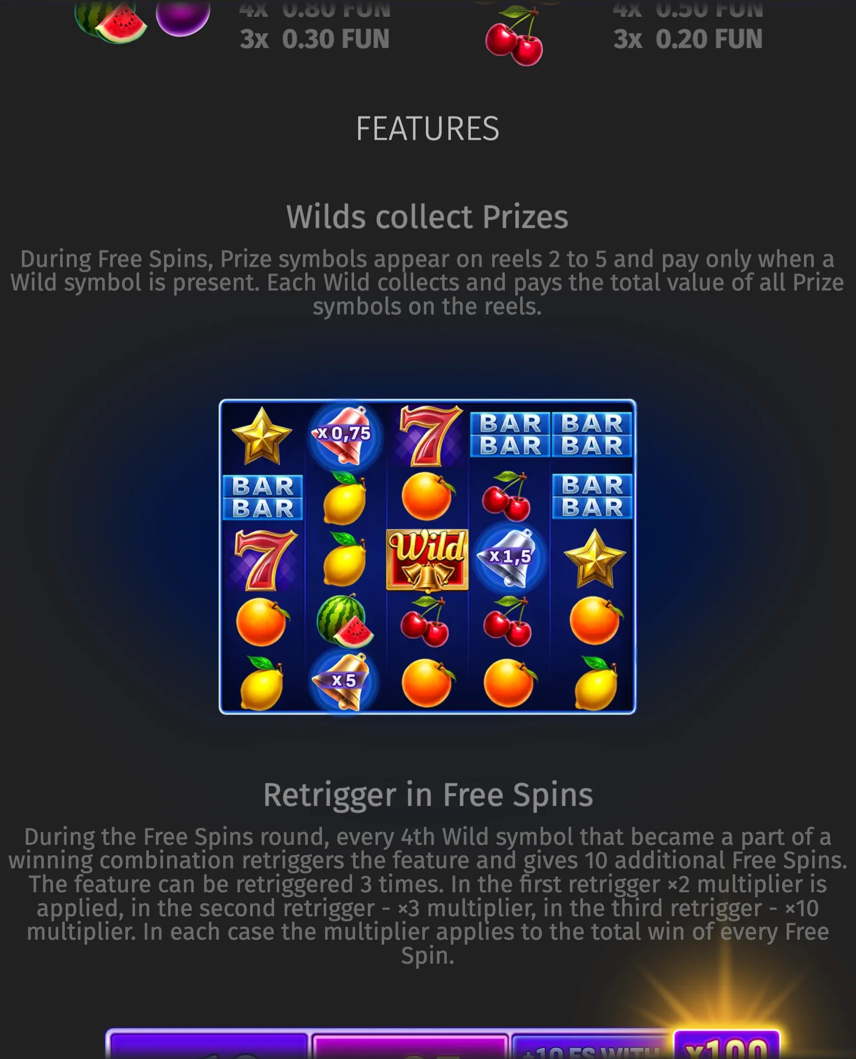 Wild Million feature guide with a five-reel fruit slot grid, Wild and prize multiplier symbols, and text explaining Free Spins mechanics on a dark backdrop.