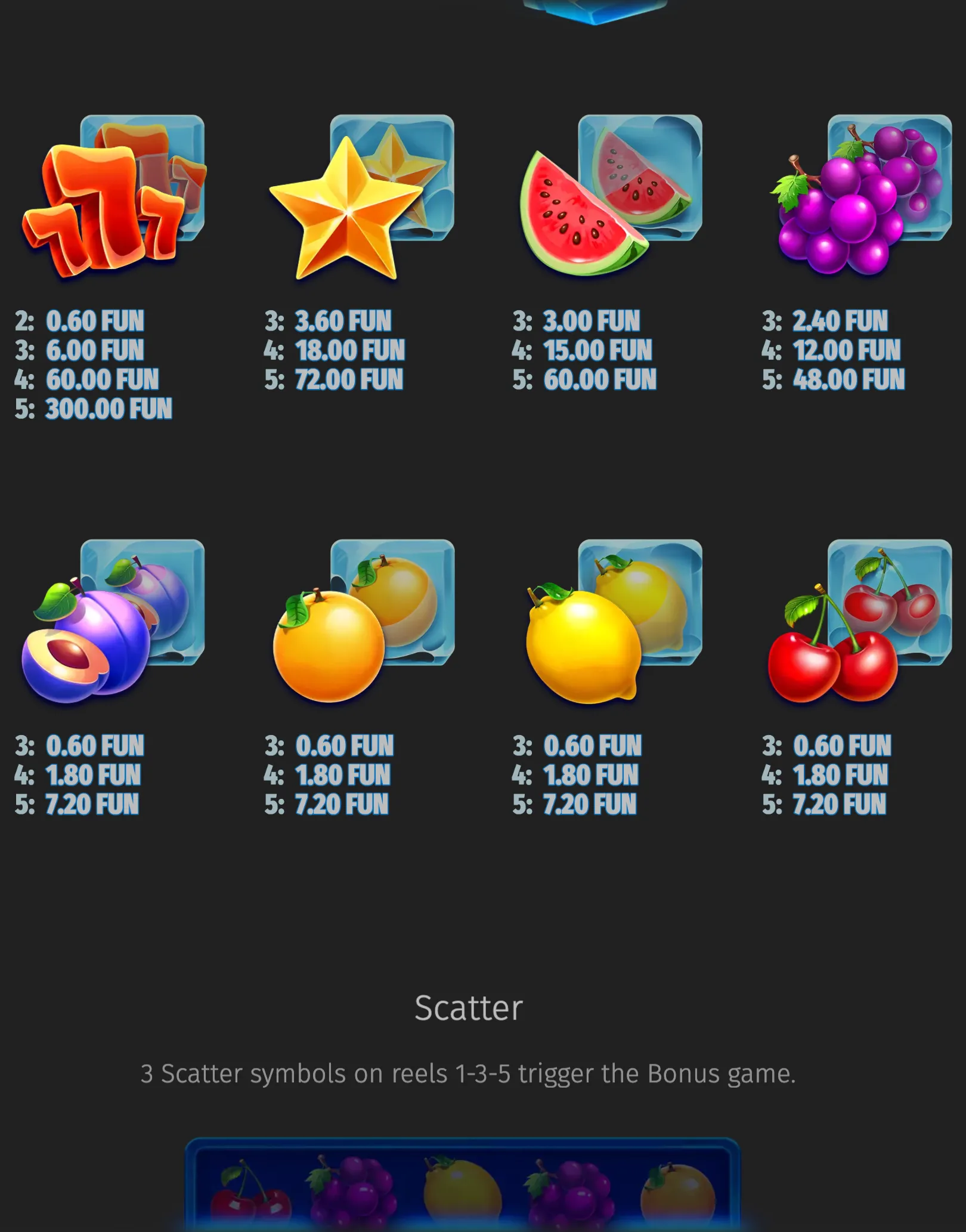 Frozen Fruit slot paytable featuring glossy fruit symbols, a golden star, a red 7, payout values in FUN, and a scatter bonus-game explanation.