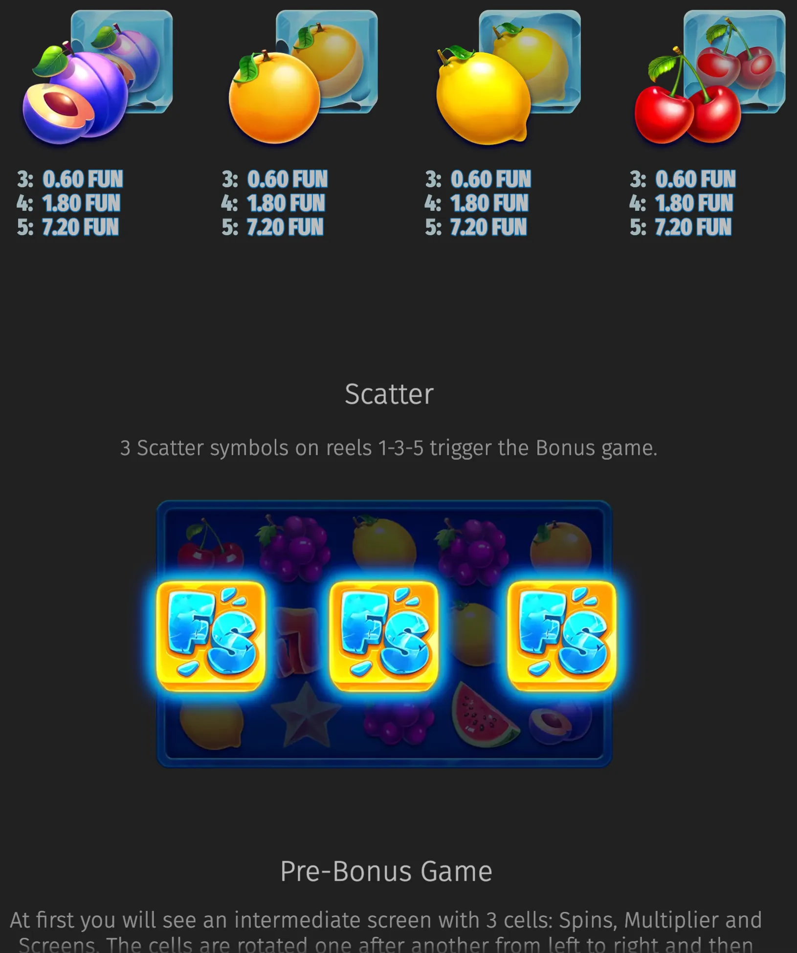 Frozen Fruit slot symbols featuring icy blue tiles with plums, oranges, lemons, and cherries, plus a scatter feature panel and pre-bonus game display.