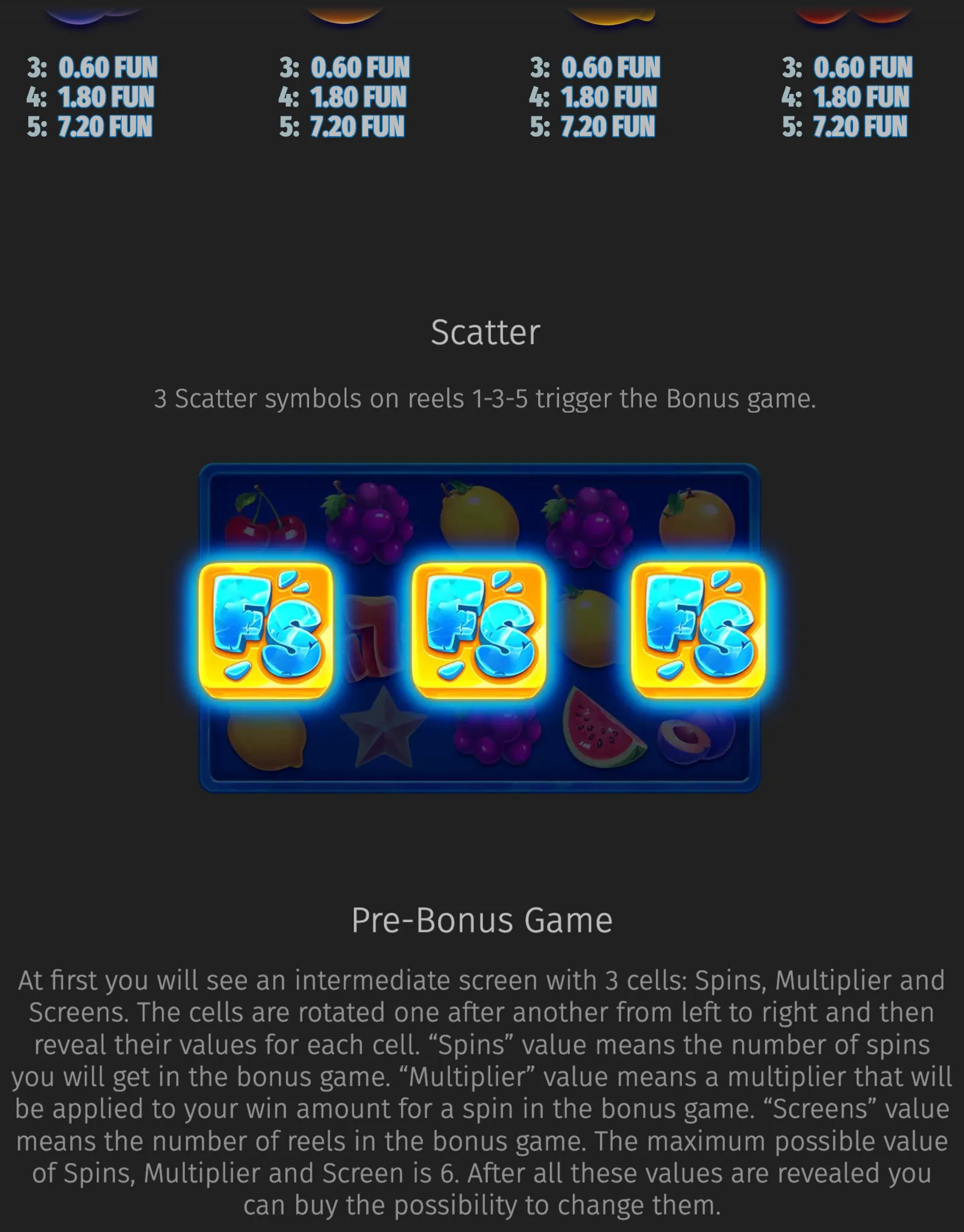 Frozen Fruit slot bonus guide featuring three glowing FS scatter symbols across a fruit-themed reel display, with text explaining the bonus trigger and pre-bonus game.