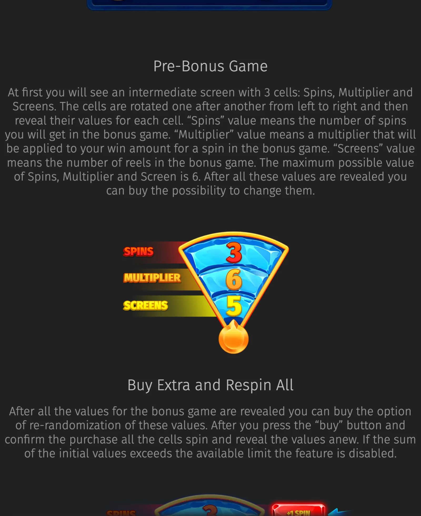 Frozen Fruit bonus guide featuring an icy blue selector with values of 3 spins, a 6x multiplier, and 5 reels against a dark backdrop.