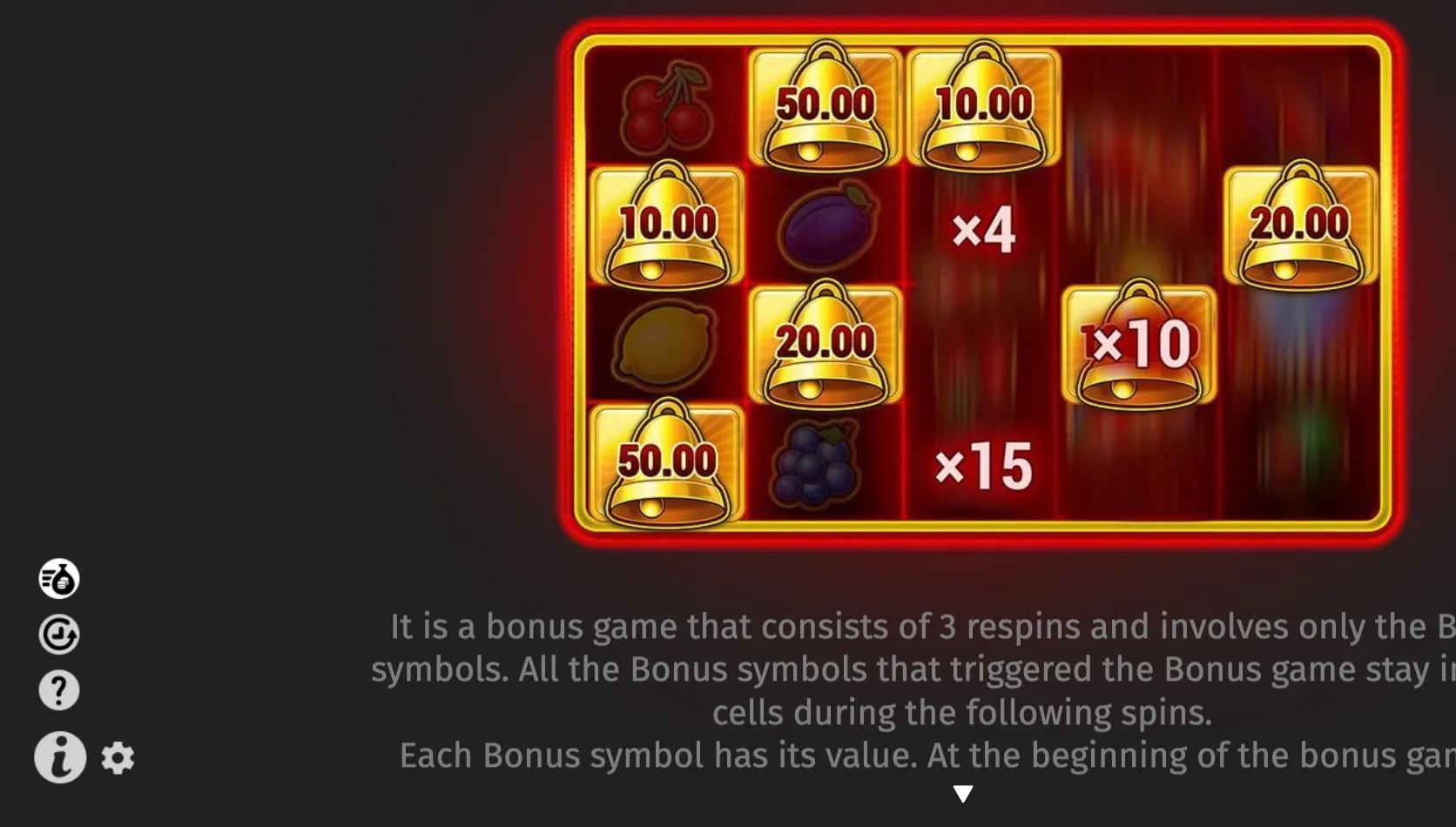 Hot Chilli Bells 100 bonus feature with golden bells valued at 10.00, 20.00, and 50.00 alongside x4, x10, and x15 multipliers on a dark red reel backdrop.