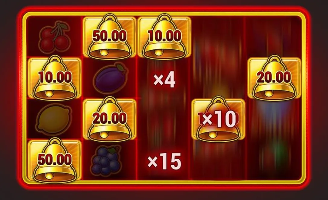 Hot Chilli Bells 100 slot feature graphic with golden bell symbols displaying cash values of 10.00, 20.00, and 50.00 alongside x4, x10, and x15 multipliers over a red-and-gold backdrop.