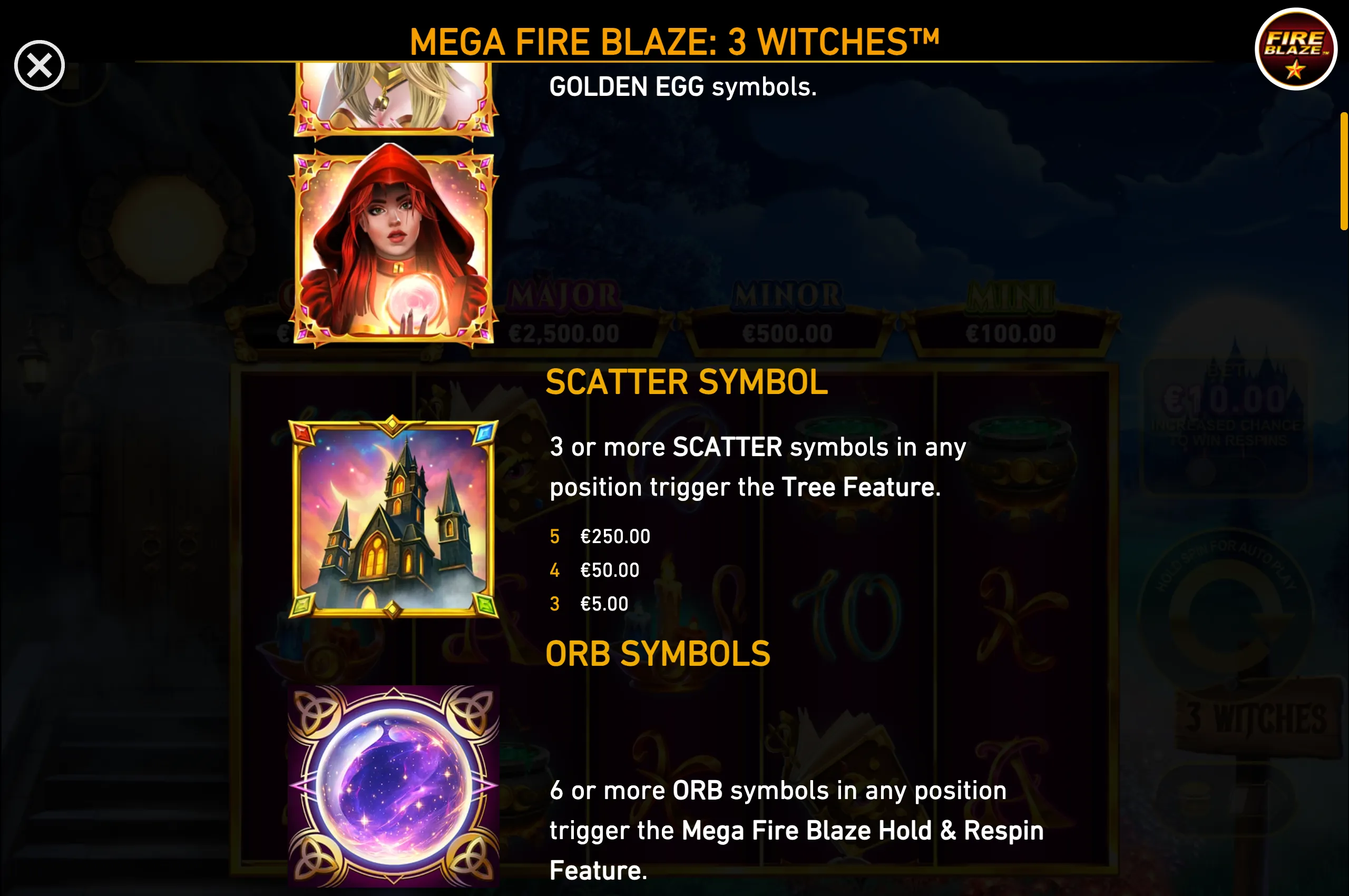 Mega Fire Blaze: 3 Witches rules panel featuring a red-haired witch, a golden egg symbol, a haunted church scatter symbol, and a glowing purple orb symbol.