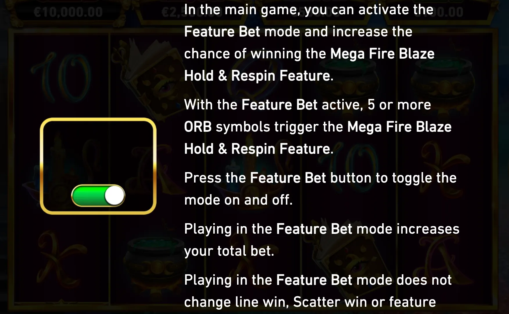Instructional slot-game graphic for Mega Fire Blaze: 3 Witches, with white feature text over a dark reel backdrop featuring witches, cauldrons, mystical symbols, and a green toggle control.