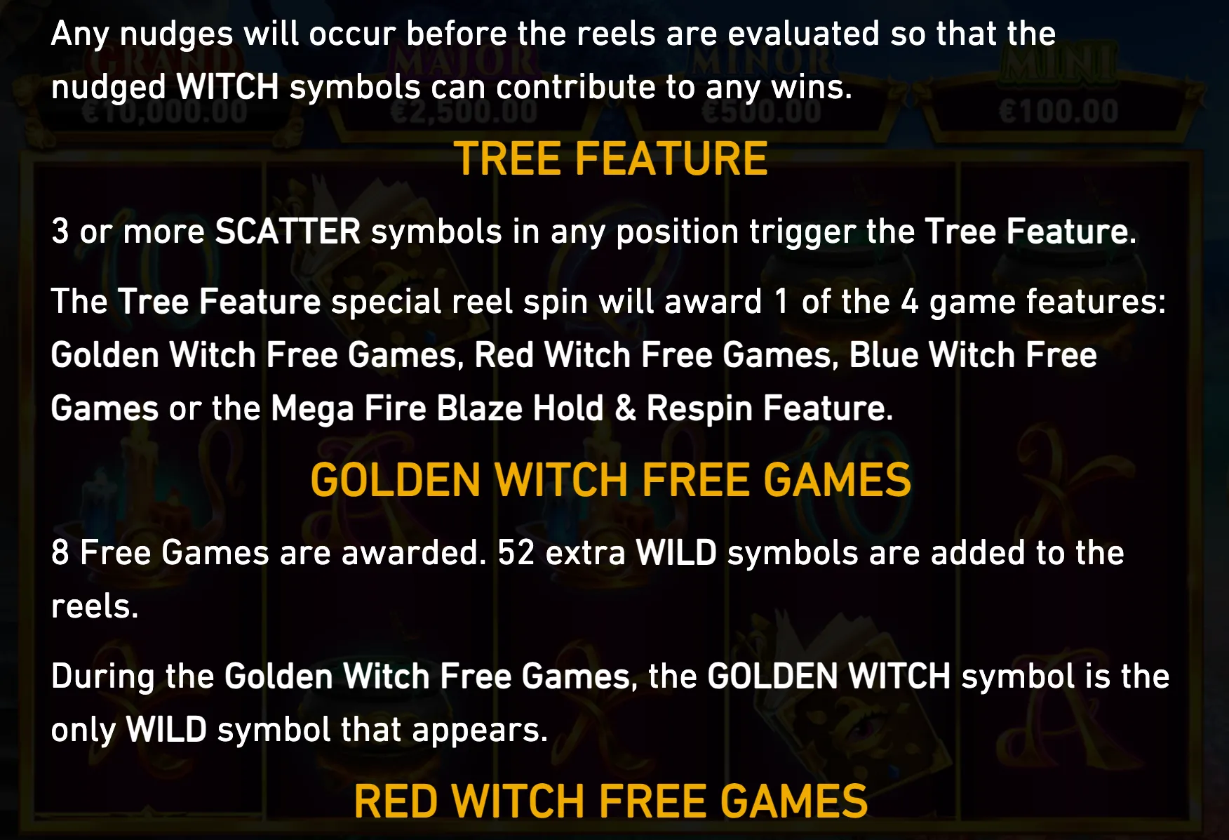 A witch-themed slot rules panel overlays dark reels, detailing the Tree Feature, Golden Witch Free Games, scatter triggers, wild symbols, and multiple bonus options.