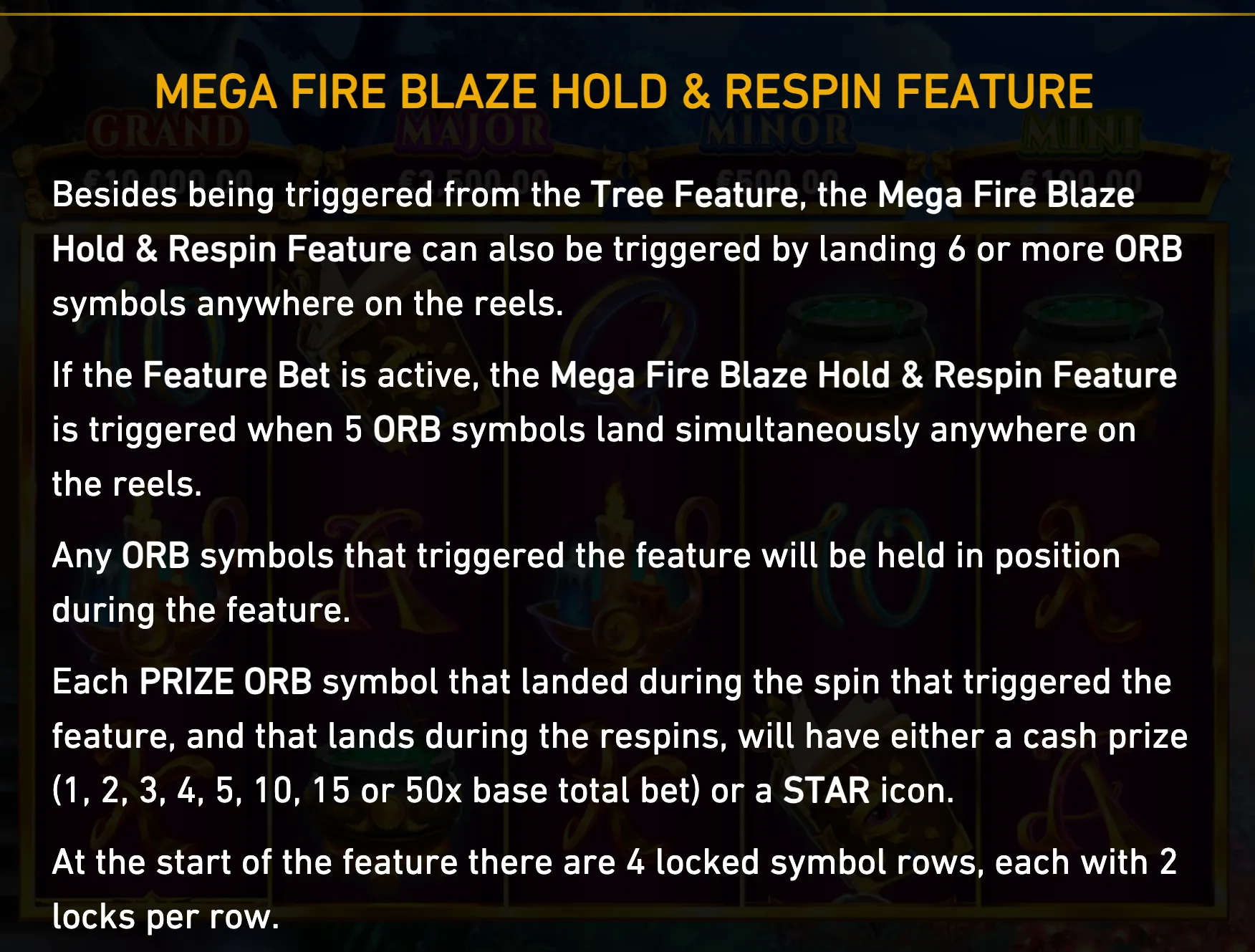 Mega Fire Blaze: 3 Witches feature information panel describing the Hold & Respin bonus, ORB symbols, prize values, STAR icons, and locked symbol rows over a dark slot-machine backdrop.