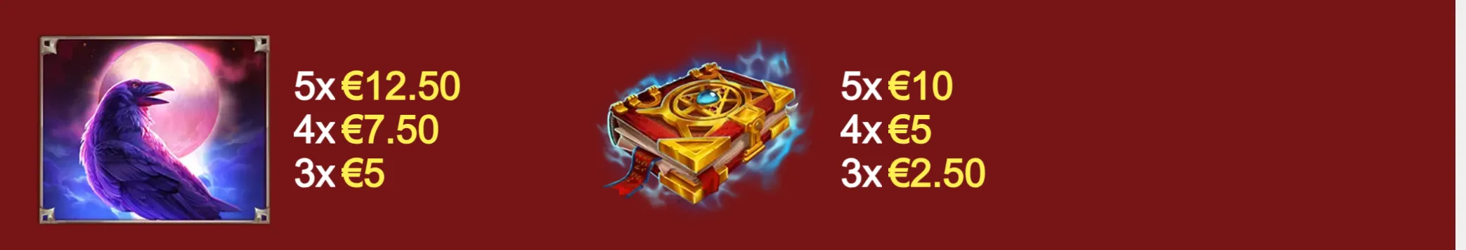 A mystical raven beneath a glowing full moon appears beside an enchanted golden spellbook, with euro payouts listed for matching symbols.